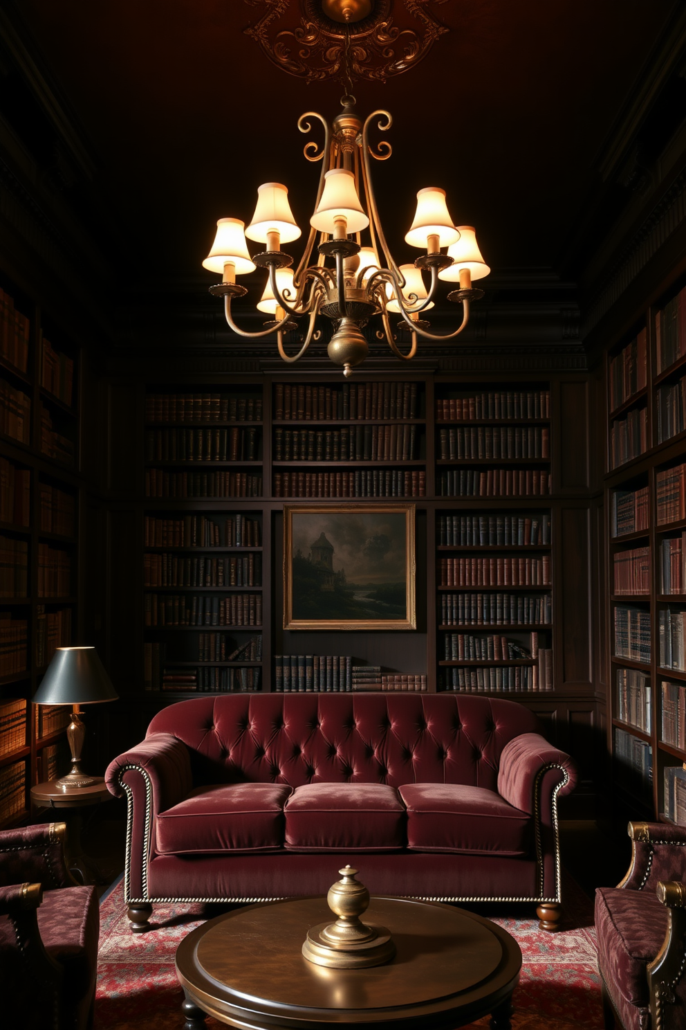 An elegant chandelier with a vintage feel hangs gracefully from the ceiling of a dark home library. The rich mahogany bookshelves line the walls, filled with an extensive collection of leather-bound books, creating a warm and inviting atmosphere. A plush, deep-colored velvet sofa is positioned in the center, complemented by a round coffee table made of antique brass. Soft ambient lighting from the chandelier casts a cozy glow, enhancing the library's sophisticated charm.