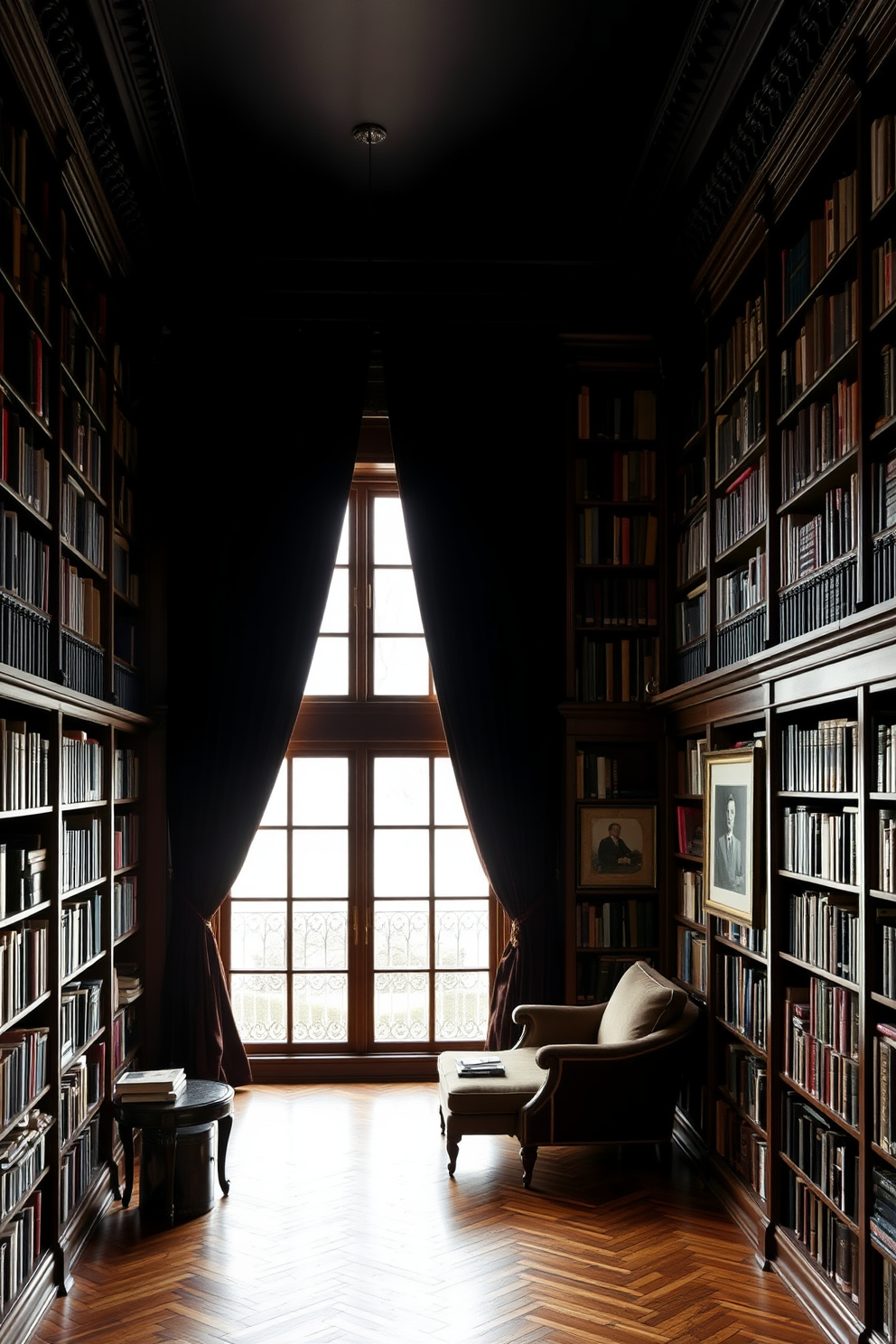 A dark home library with rich wooden bookshelves lining the walls filled with an extensive collection of books. Dark velvet curtains frame the large windows, adding an element of drama and sophistication to the space.