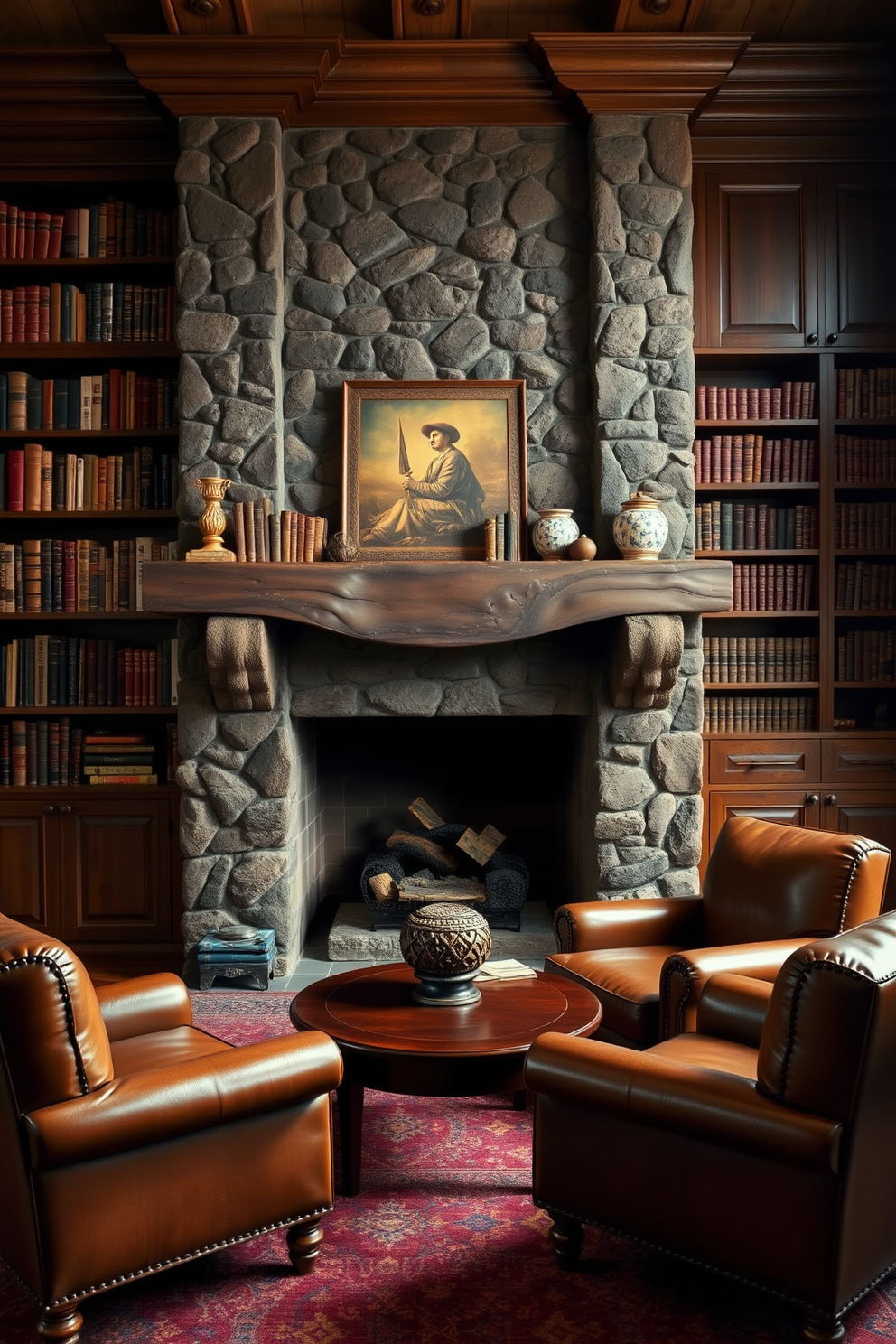 A rustic fireplace with a stone surround serves as the focal point of the room. The mantel is adorned with a collection of vintage books and a few carefully selected decorative items. The dark home library features rich wooden bookshelves that reach from floor to ceiling. Plush leather armchairs are arranged around a low coffee table, creating an inviting reading nook.