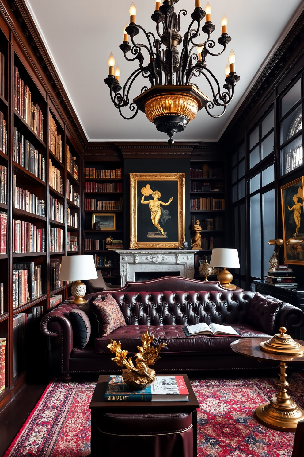 An eclectic mix of antique and modern decor creates a unique and inviting atmosphere in a dark home library. Rich mahogany bookshelves filled with vintage books line the walls, while a contemporary leather sofa in deep burgundy offers a comfortable reading spot. A large ornate chandelier with warm lighting hangs from the ceiling, casting a soft glow over the space. Accents of gold and brass are introduced through modern art pieces and decorative objects, blending seamlessly with the antique furnishings.