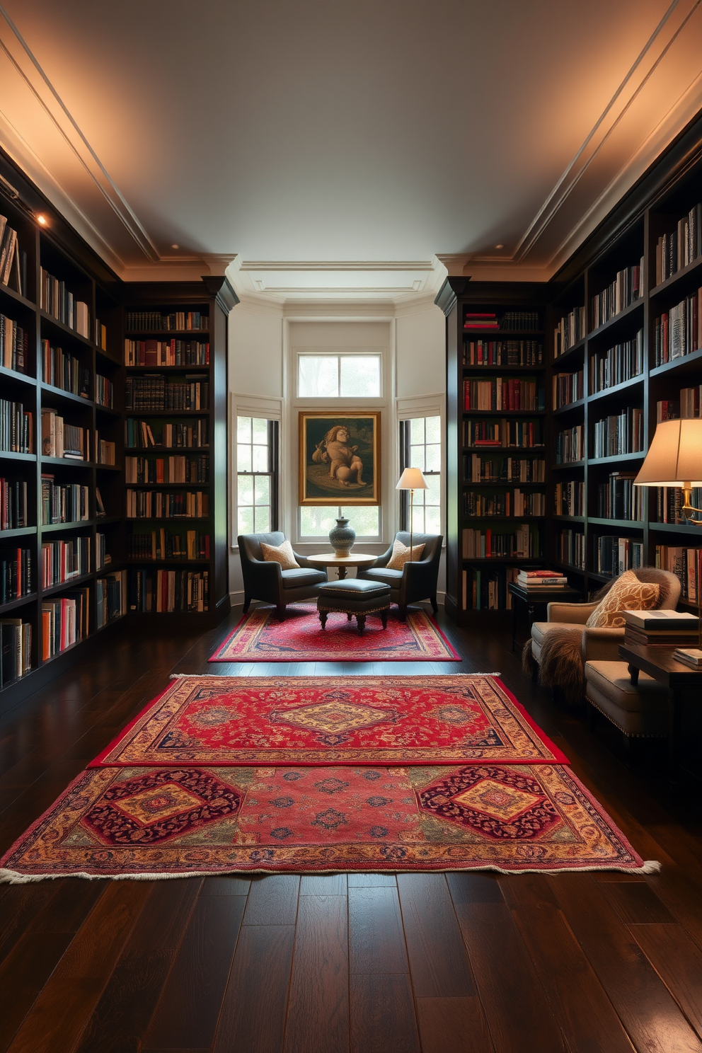 A cozy home library featuring dark hardwood floors that add warmth to the space. Rich area rugs are strategically placed to define reading zones and enhance comfort. The walls are lined with floor-to-ceiling bookshelves filled with a curated collection of books. Soft lighting from elegant sconces creates an inviting atmosphere for late-night reading sessions.