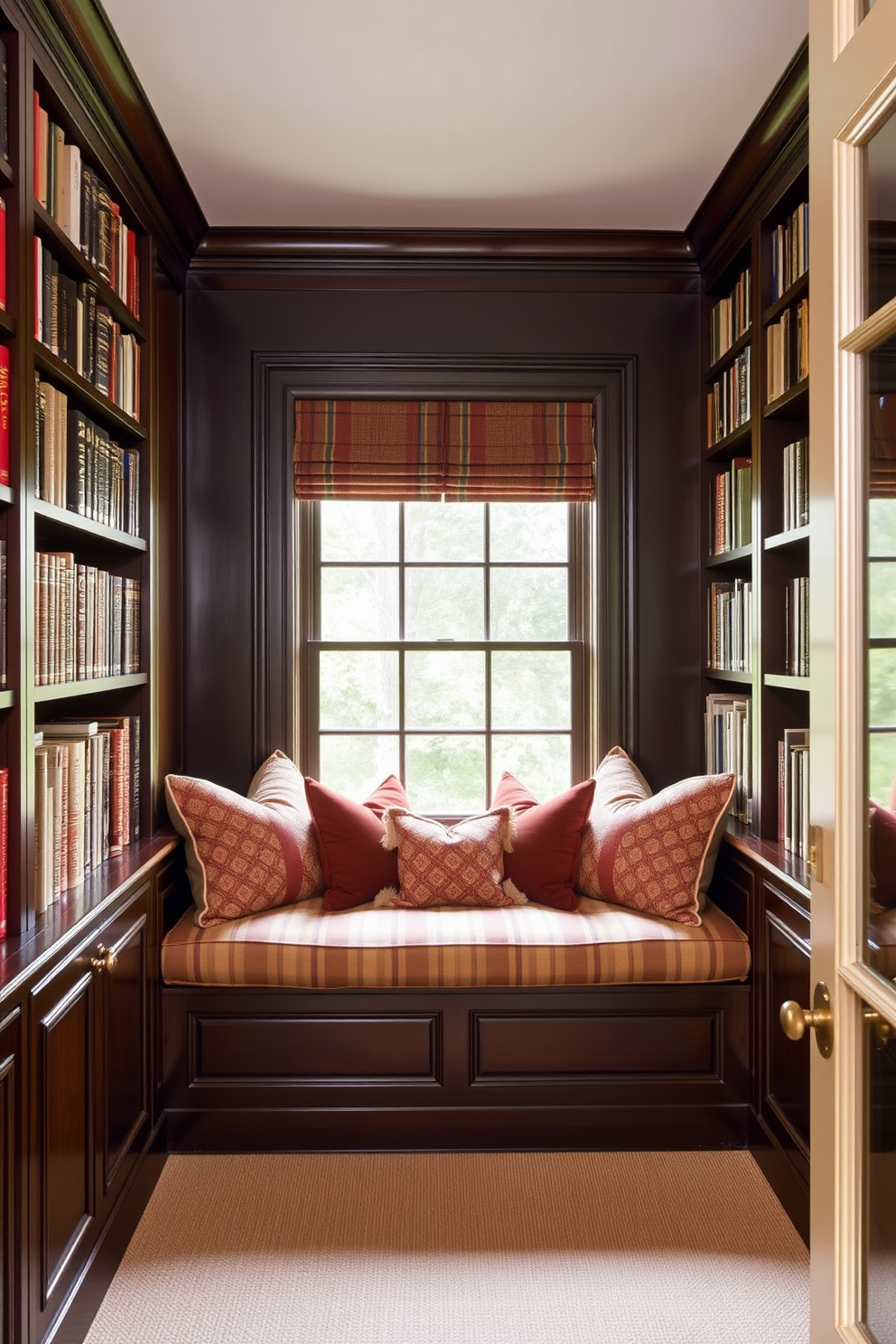 A cozy home library featuring a built-in window seat adorned with plush cushions in rich fabrics. The walls are lined with dark wood bookshelves filled with an array of books, creating an inviting and sophisticated atmosphere.