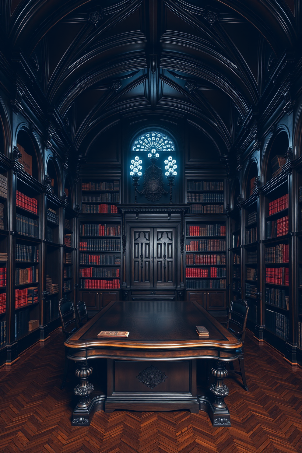 A dark home library featuring gothic inspired arches and intricate moldings. The room is adorned with deep mahogany shelves filled with books and a large, ornate wooden table at the center.