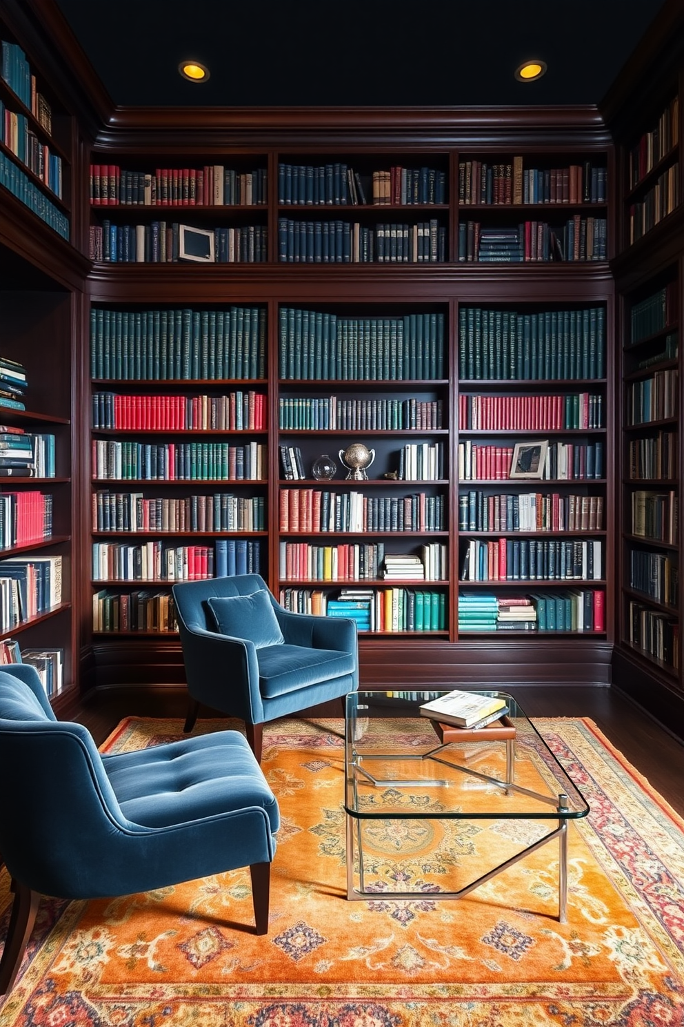 A dark and cozy home library featuring books organized by color for a striking visual impact. Rich mahogany bookshelves line the walls, filled with an array of books in shades of blue, red, and green, creating a gradient effect. Soft, ambient lighting illuminates the space, highlighting the textures of a plush velvet armchair and a sleek glass coffee table. A deep charcoal color on the walls adds depth, while a vintage rug in warm tones anchors the room.