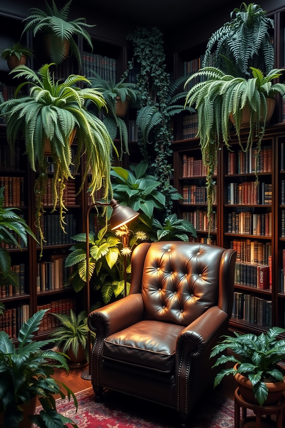 Lush plants create a serene atmosphere in a dark home library. Tall potted ferns and cascading vines are strategically placed on shelves and corners to enhance the space. The library features dark wood bookshelves filled with an array of books. A rich leather armchair sits in the center, complemented by a vintage floor lamp that casts a warm glow.