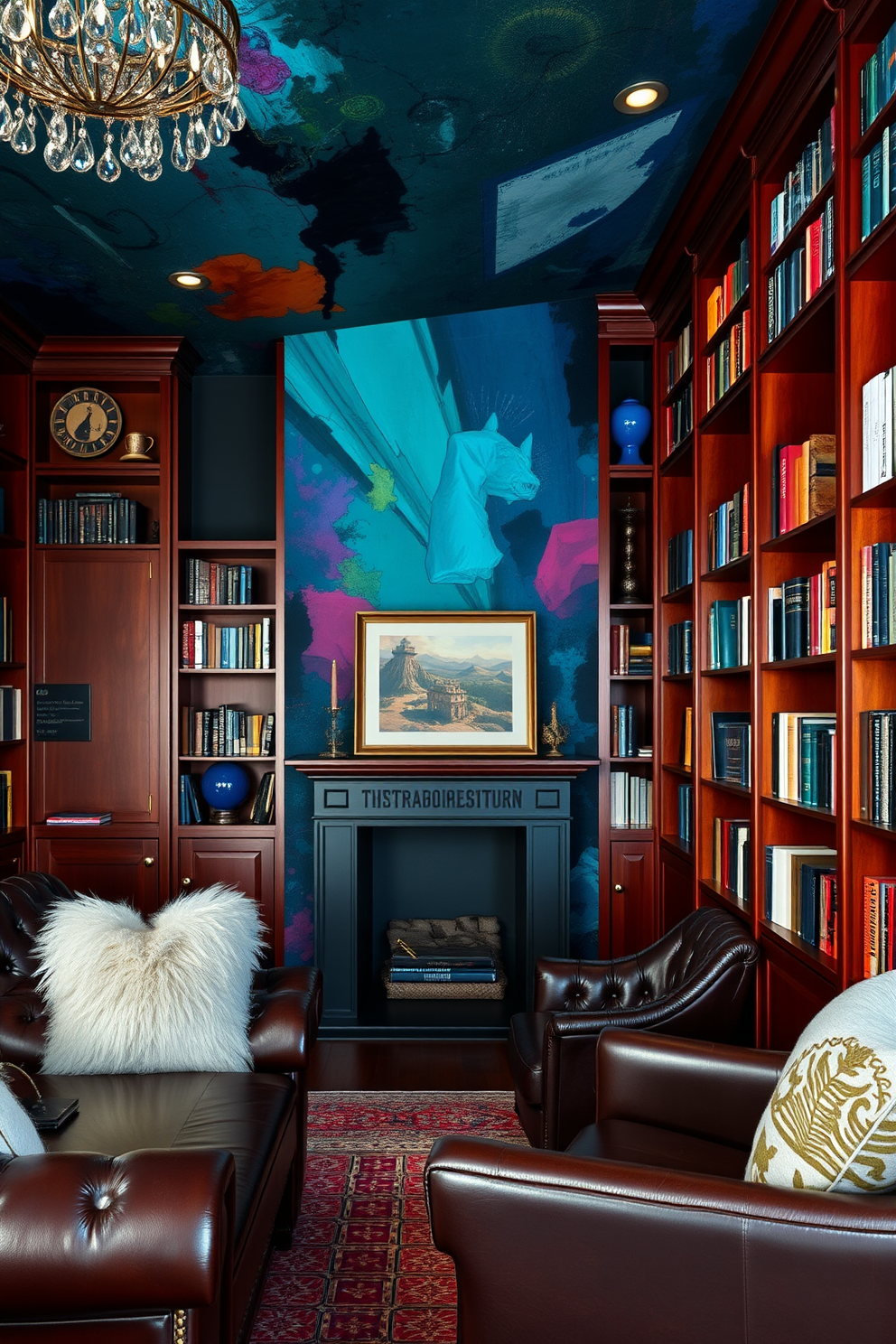 Artistic wall murals that create a unique vibe. The murals feature vibrant colors and abstract designs that transform the space into a creative sanctuary. Dark home library design ideas that evoke a sense of mystery and sophistication. Rich mahogany bookshelves line the walls, filled with an array of books, while plush leather seating invites relaxation and contemplation.