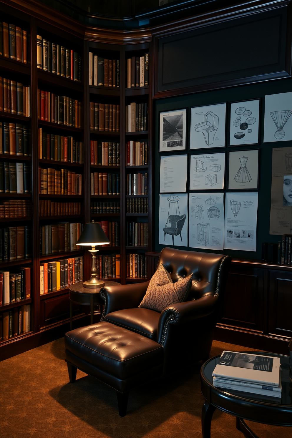 A dark home library design featuring rich mahogany bookshelves that stretch from floor to ceiling filled with an array of books. A large, plush leather armchair is positioned in the corner, accompanied by a small side table holding a vintage lamp that casts a warm glow. Mood boards and sketches are elegantly displayed on the walls, showcasing various design ideas and color palettes. The room is illuminated by soft, ambient lighting, creating an inviting atmosphere perfect for reading and reflection.