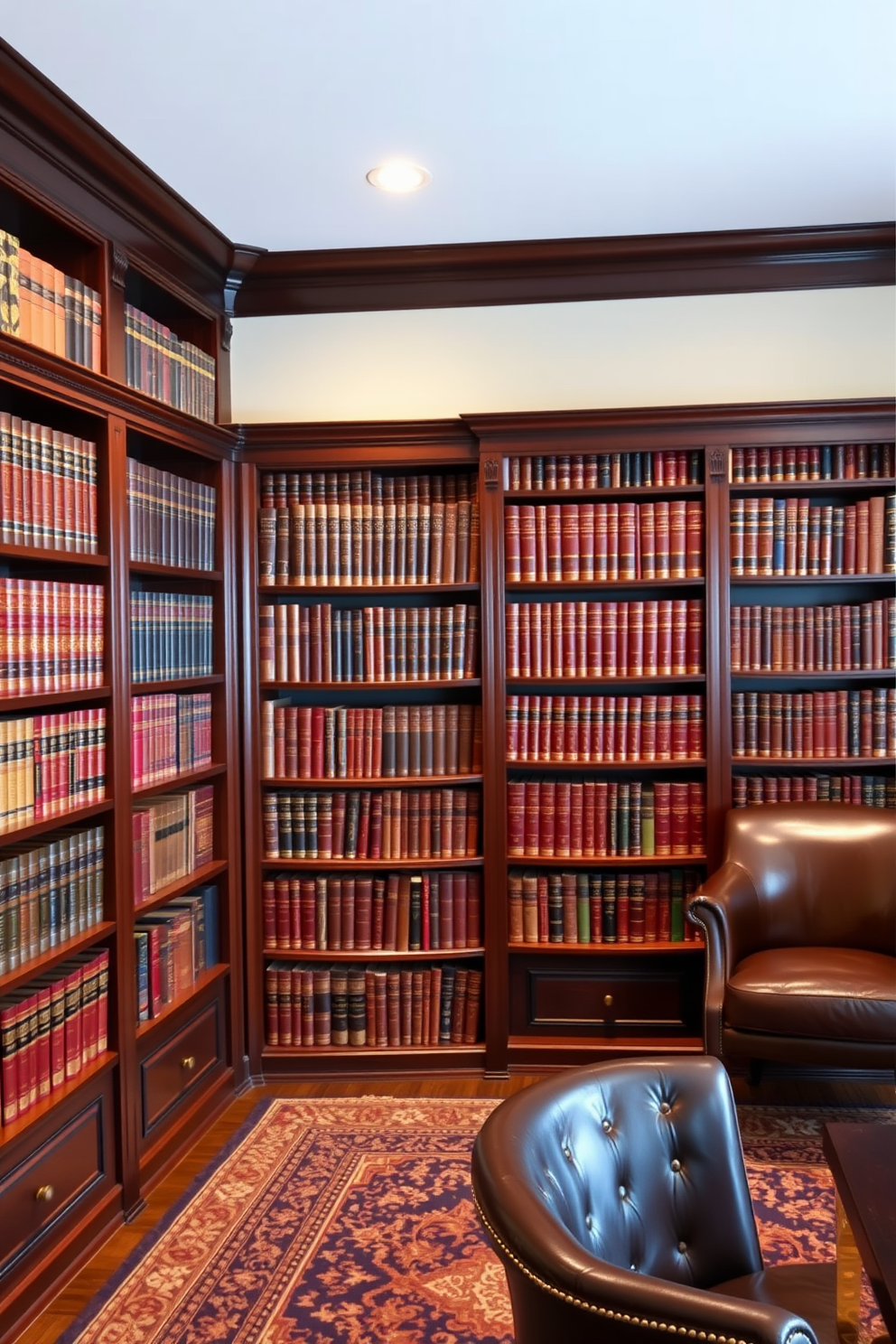 A classic home library featuring rich dark wood bookshelves filled with leather-bound books. The room is illuminated by soft, warm lighting that highlights the deep hues of the wood and creates an inviting atmosphere.