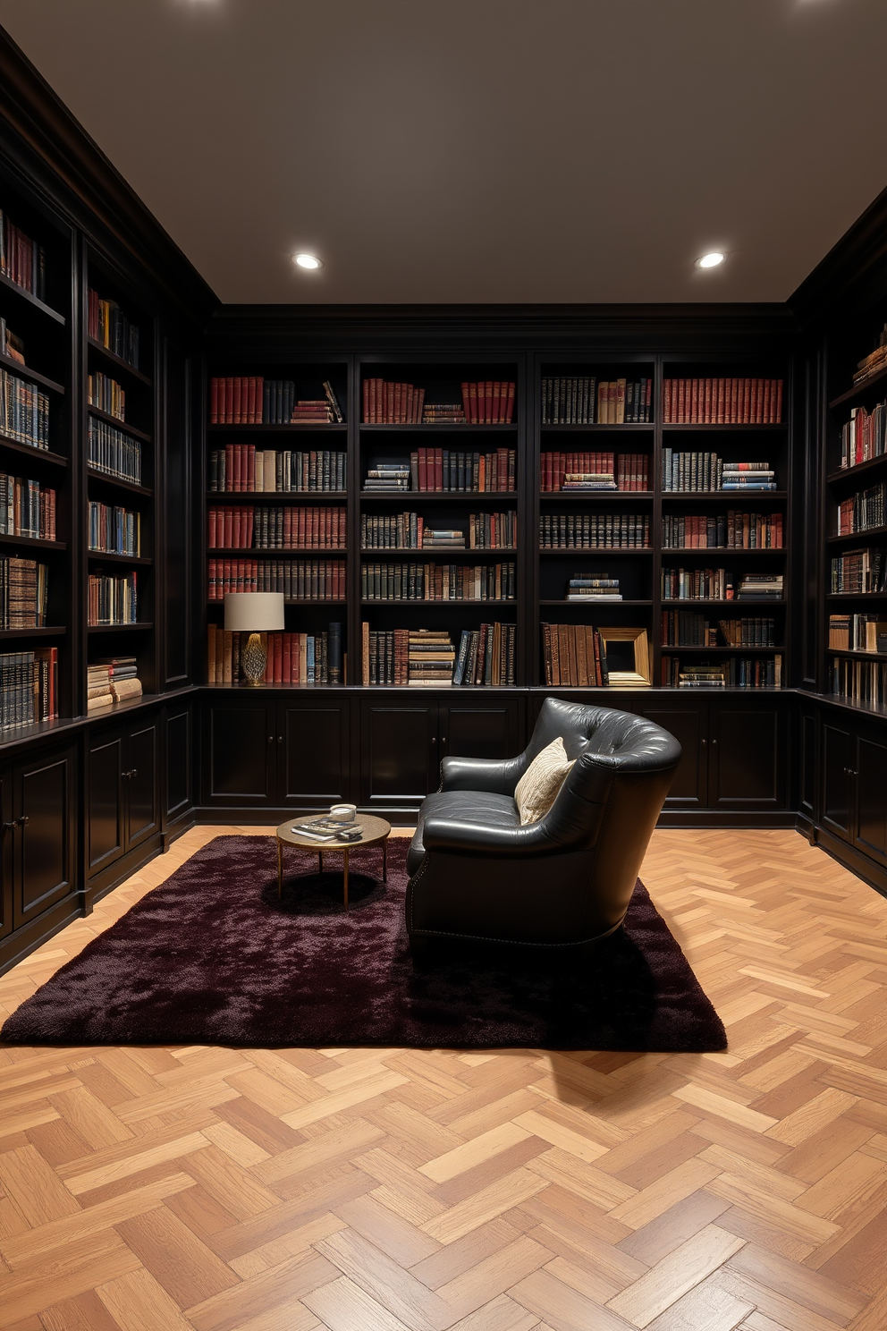 A dark home library features dark stained furniture that exudes elegance and sophistication. Gold accents are strategically placed throughout the space, adding a touch of luxury and warmth. The walls are lined with rich, dark wood bookshelves filled with an extensive collection of books. A plush, deep-colored rug anchors the seating area, which includes a comfortable leather armchair and a stylish reading lamp.