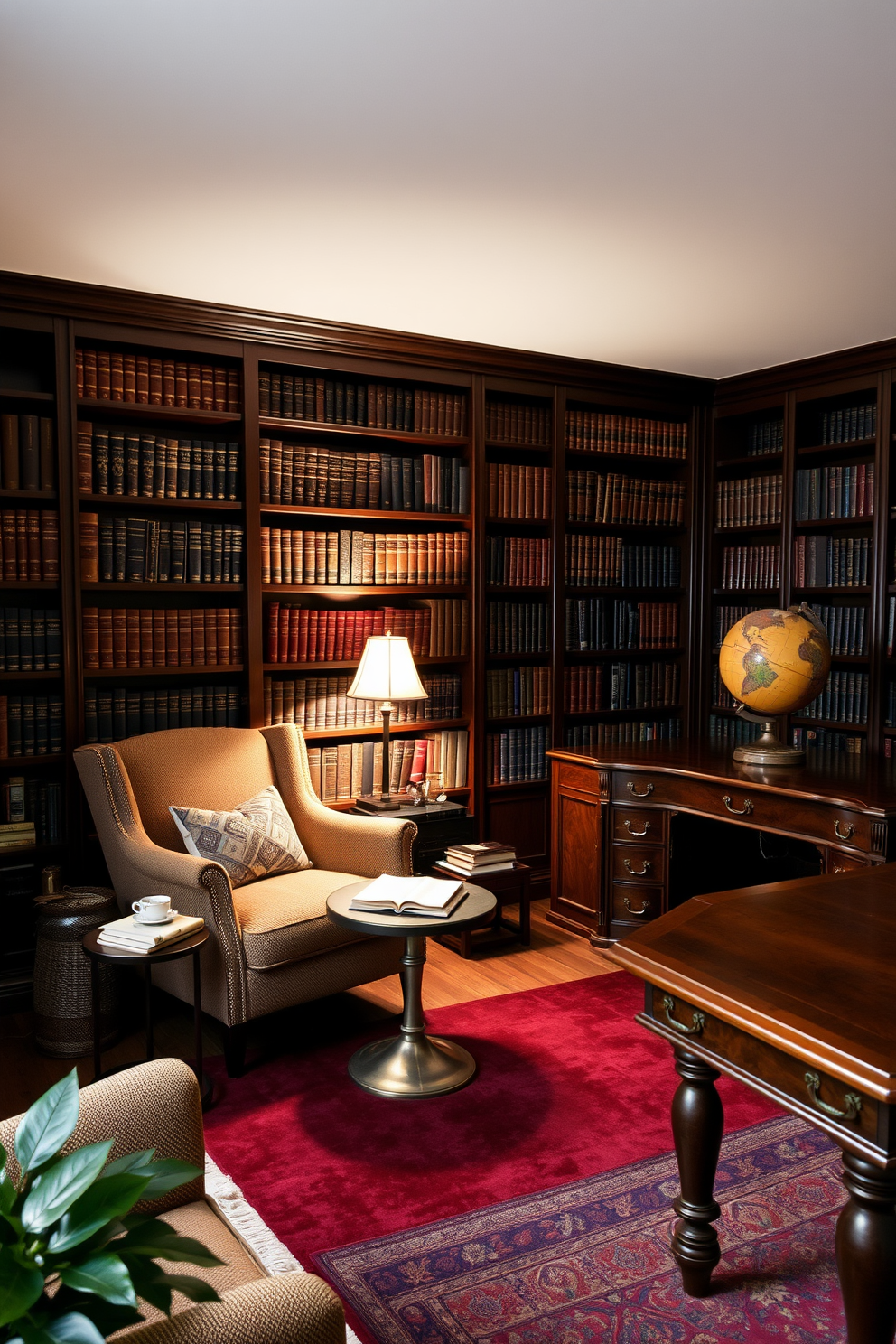 A cozy reading nook featuring a plush armchair upholstered in a warm fabric. A small side table holds a steaming cup of tea and a stack of books, while a floor lamp provides soft, ambient lighting. The dark home library is adorned with rich mahogany bookshelves filled with leather-bound volumes. A deep burgundy rug anchors the space, and a vintage globe sits on a polished wooden desk, adding a touch of sophistication.