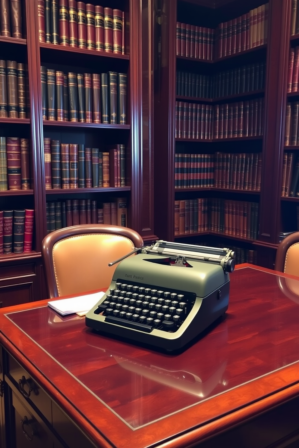 A vintage typewriter sits elegantly on a polished mahogany desk, surrounded by shelves filled with classic leather-bound books. The walls are adorned with rich, dark wood paneling, and soft, ambient lighting creates a warm and inviting atmosphere.