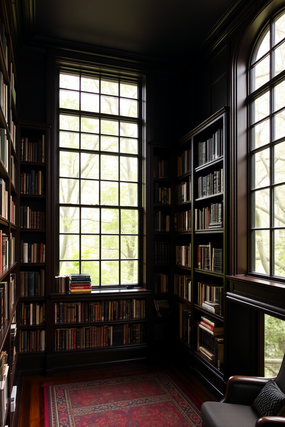 A dark home library with floor-to-ceiling windows featuring dark frames that allow natural light to filter in. The walls are lined with rich mahogany bookshelves filled with an extensive collection of books, creating a cozy and inviting atmosphere.