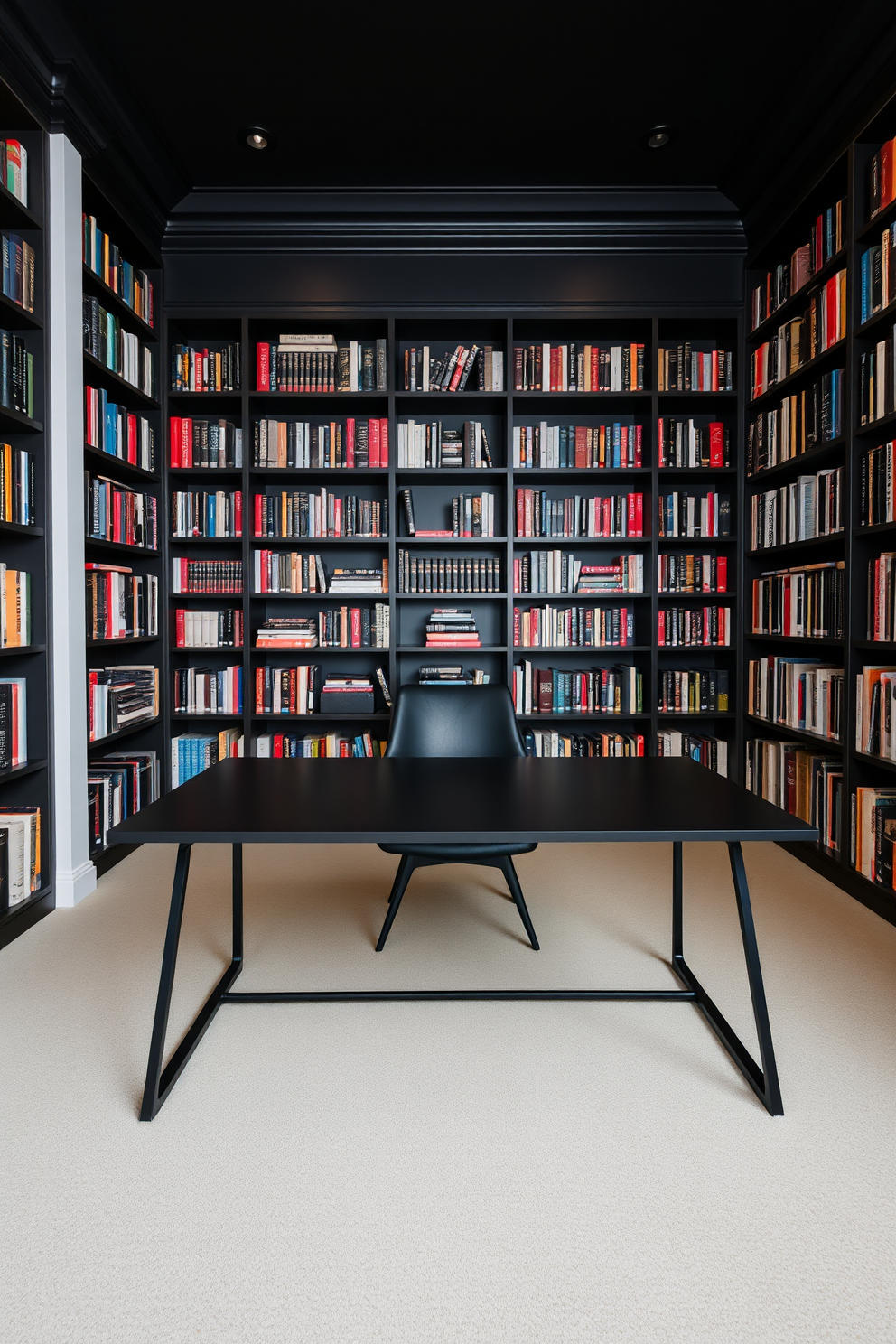 A sleek black desk with a minimalist design sits in the center of a dark home library. The walls are lined with floor-to-ceiling bookshelves filled with an array of books, creating a cozy and inviting atmosphere.