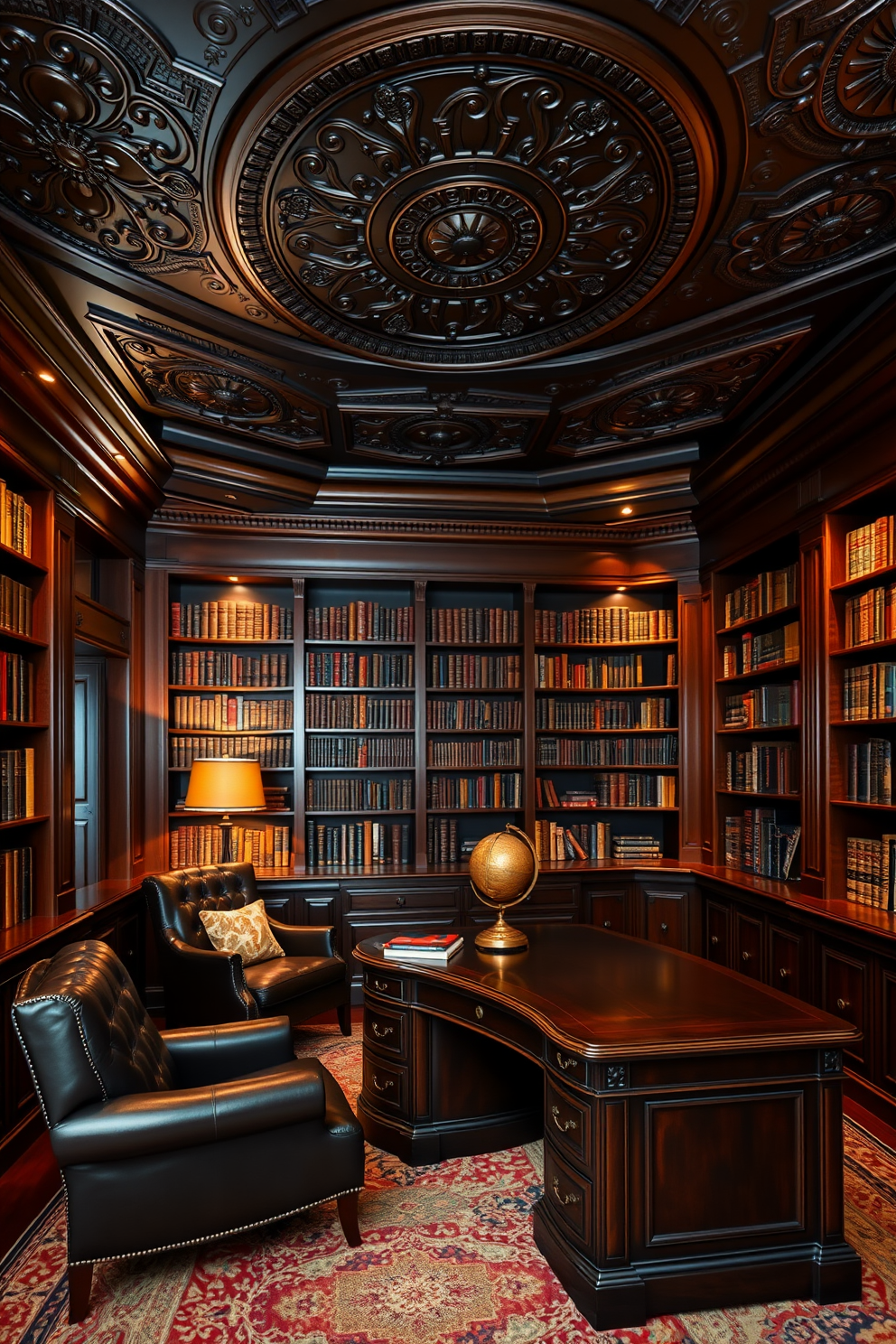 Intricate ceiling medallions add a touch of elegance to a dark home library. The room features rich mahogany bookshelves filled with classic literature, and a plush leather armchair sits invitingly in the corner. Soft, ambient lighting highlights the ornate details of the ceiling medallions while creating a cozy atmosphere. A large, dark wood desk occupies the center of the room, complemented by a vintage globe and a brass lamp for a sophisticated touch.