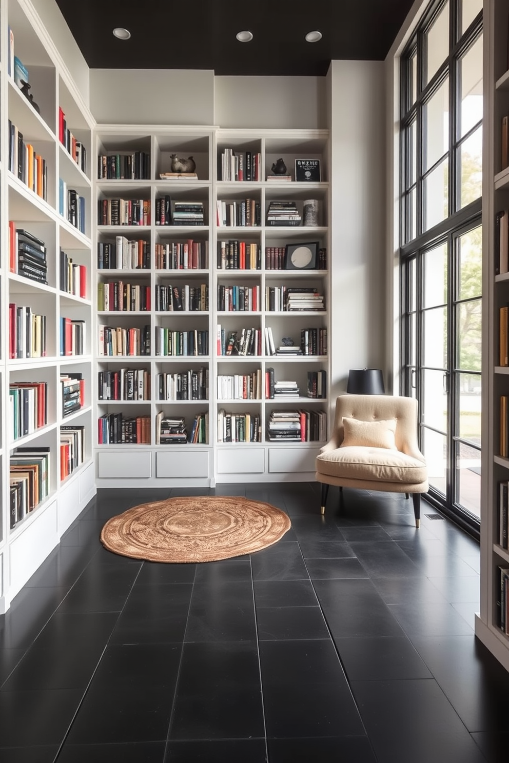 A modern home library featuring dark tile flooring that adds an elegant touch to the space. The walls are lined with custom bookshelves filled with a curated collection of books, and a cozy reading nook with a plush armchair is strategically placed near a large window.