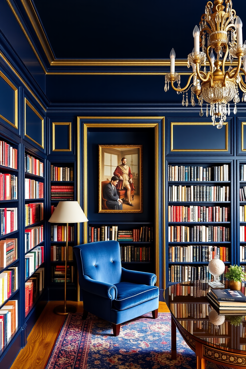 A deep navy home library envelops you in a rich and inviting atmosphere. Gold trim accents highlight the architectural details, creating a sophisticated contrast against the dark walls. Floor-to-ceiling bookshelves filled with an array of books line the walls, complemented by a plush, velvet reading chair in a coordinating shade. A large, ornate chandelier hangs from the ceiling, casting a warm glow over the space and enhancing the luxurious feel.