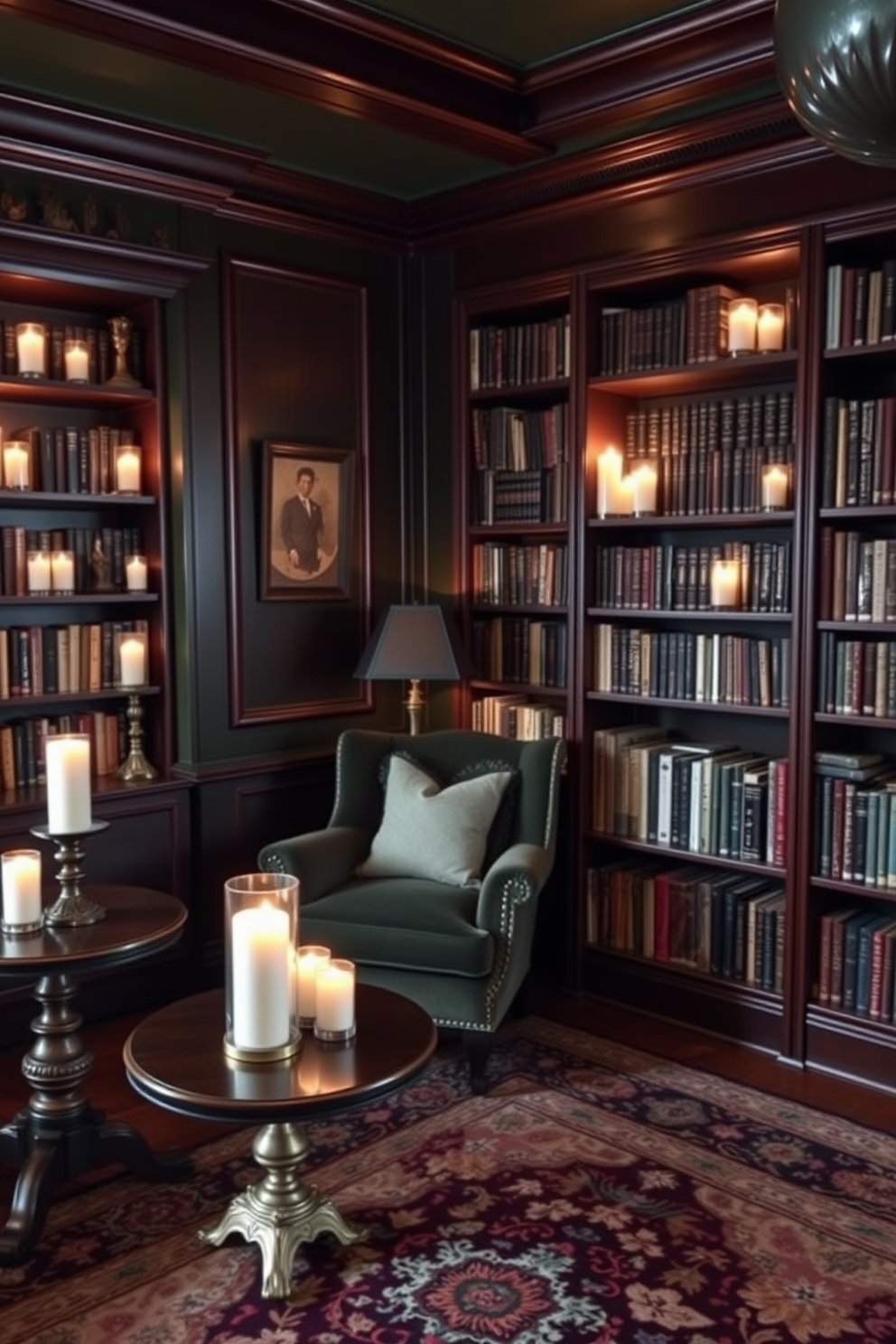 A cozy home library setting filled with mood-enhancing candles placed on wooden shelves. The room features dark wood paneling, deep green walls, and a plush velvet armchair in the corner. Decorative candle holders in various heights are scattered throughout the space, adding warmth and ambiance. A large, ornate rug anchors the room, while floor-to-ceiling bookshelves showcase an extensive collection of books.