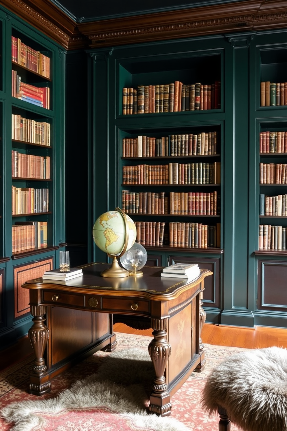 A vintage globe sits atop an ornate antique desk, surrounded by leather-bound books and brass accents. The walls are lined with dark wood shelves filled with literary classics, creating a cozy and inviting atmosphere. Rich, deep colors envelop the room, with dark green paint contrasting beautifully against the warm tones of the desk. A plush, patterned rug lies underfoot, adding texture and warmth to the sophisticated home library.