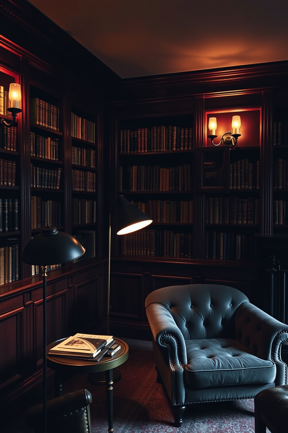 Moody lighting creates an inviting atmosphere in a dark home library. Floor lamps with warm bulbs illuminate cozy reading nooks while sconces cast soft shadows on the rich wood paneling. Deep mahogany bookshelves line the walls, filled with an eclectic collection of books. A plush velvet armchair sits in the corner, accompanied by a small side table for drinks and reading glasses.