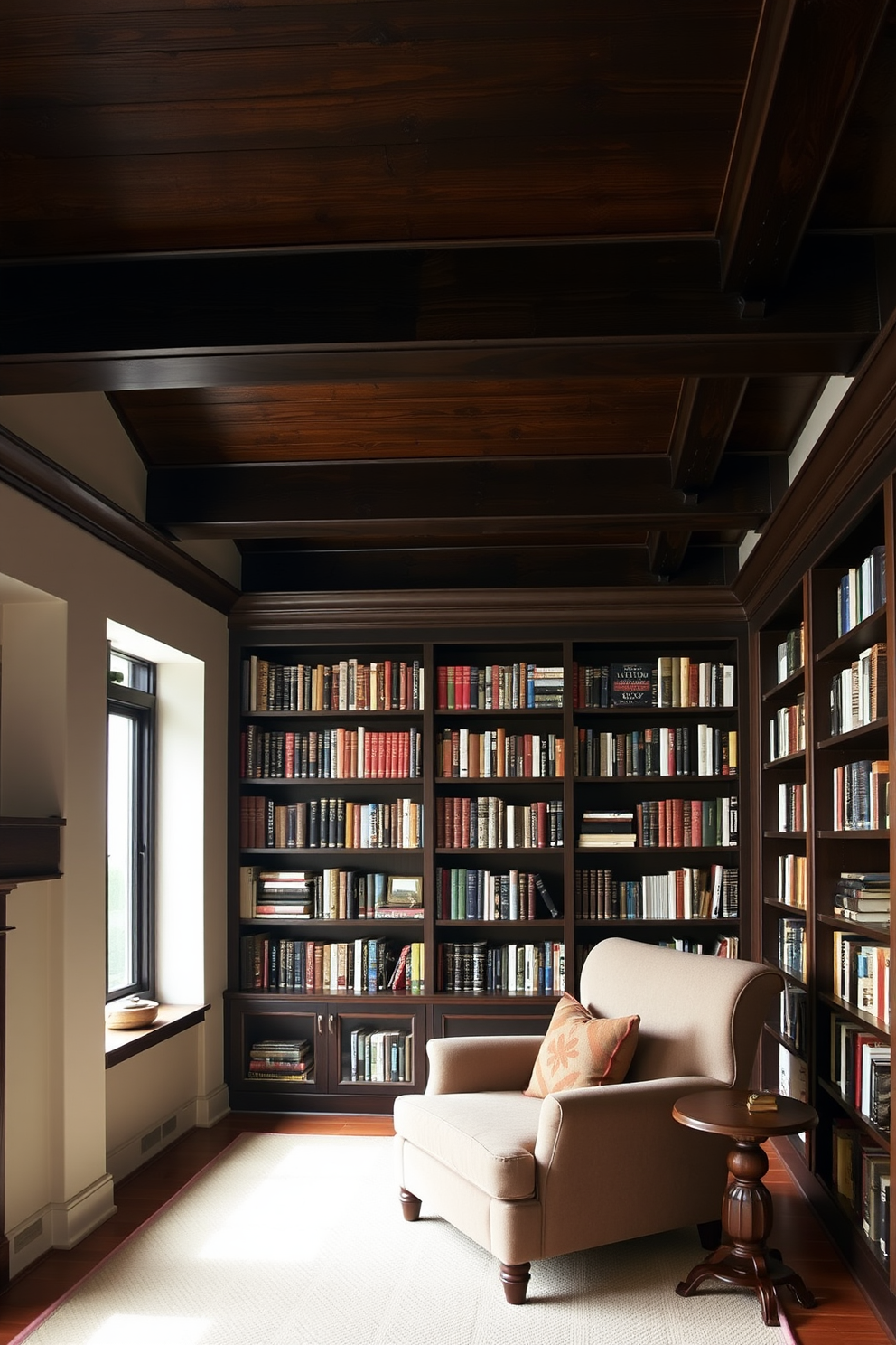 A cozy home library featuring dark stained wood ceiling beams that add warmth to the space. The walls are lined with built-in shelves filled with books, and a plush armchair sits in the corner, inviting relaxation.