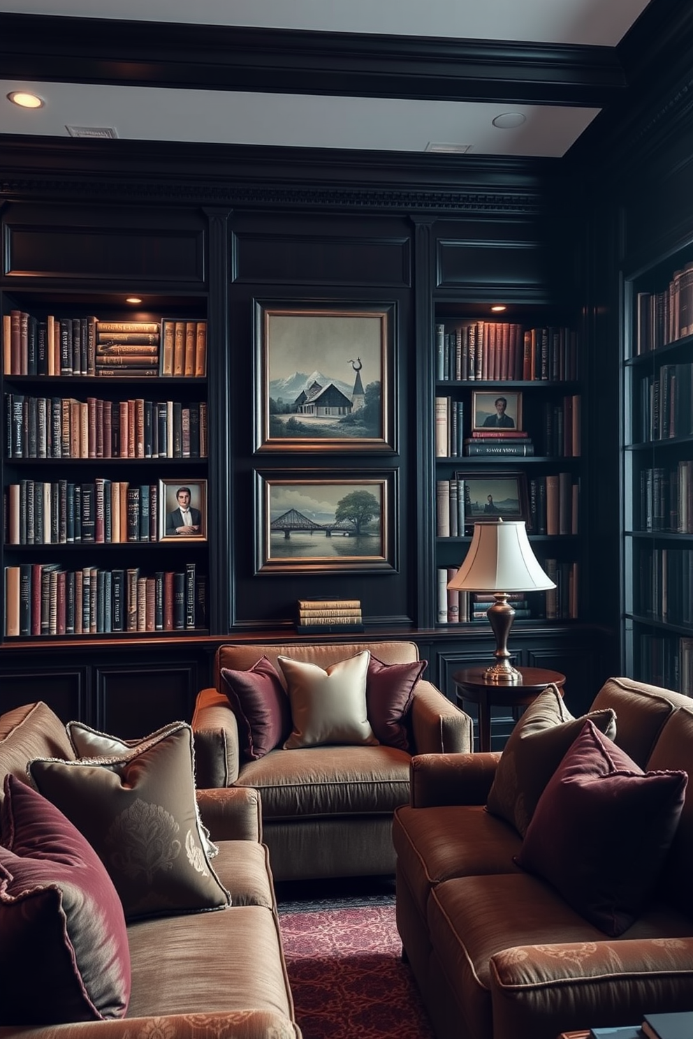 A cozy home library with dark wood paneling and rich, deep colors. Wall-mounted book displays showcase an array of art pieces, creating an elegant focal point in the room. The space features plush seating with luxurious fabrics, inviting you to relax with a book. Soft, ambient lighting highlights the artwork and adds warmth to the dark atmosphere.