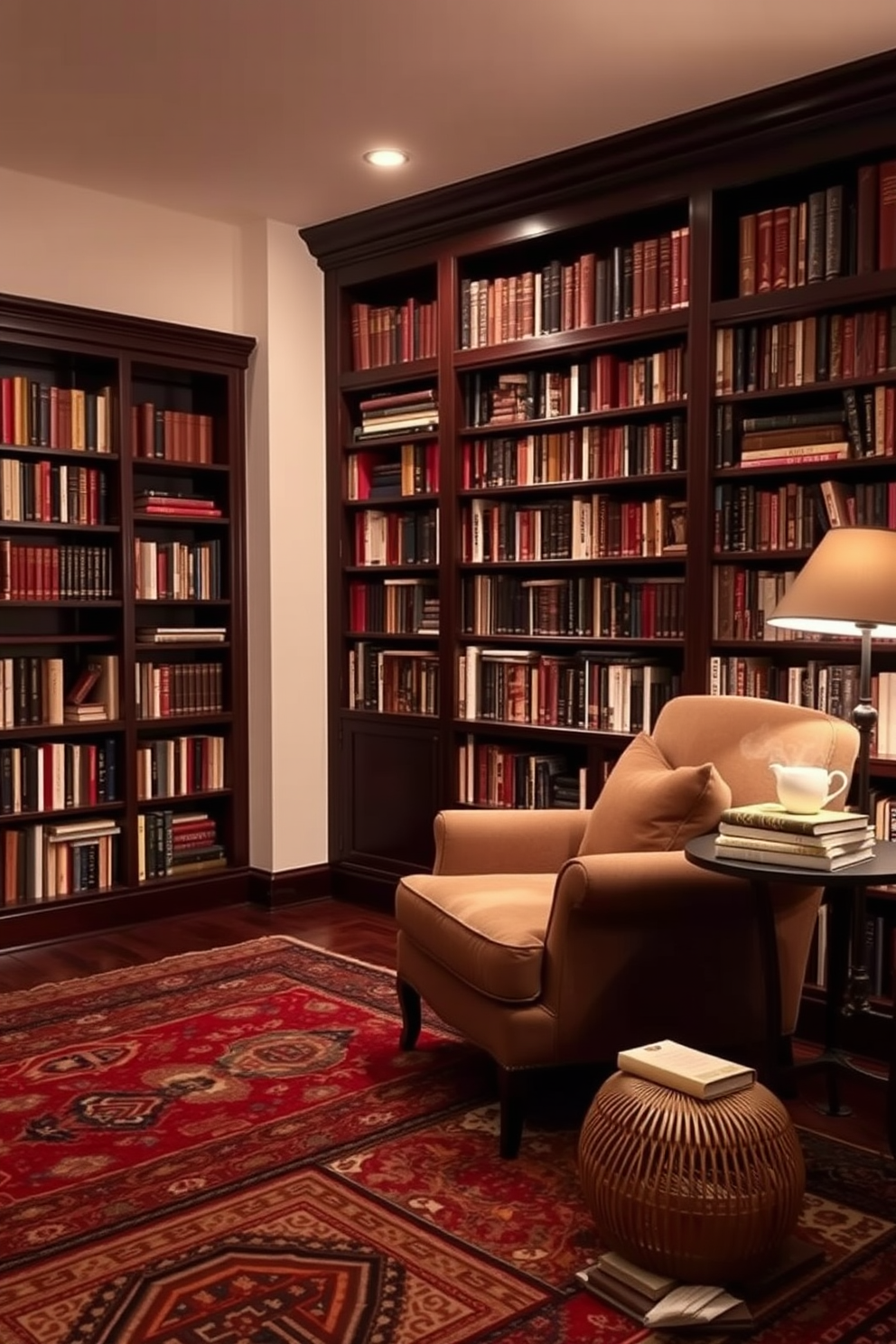 A cozy home library with layered rugs creating warmth and texture underfoot. The walls are lined with dark wooden bookshelves filled with an array of books, and a plush armchair invites you to sit and read. Soft, ambient lighting casts a warm glow throughout the space, highlighting the rich tones of the dark wood and the intricate patterns of the layered rugs. A small side table next to the armchair holds a steaming cup of tea and a stack of books, adding to the inviting atmosphere.