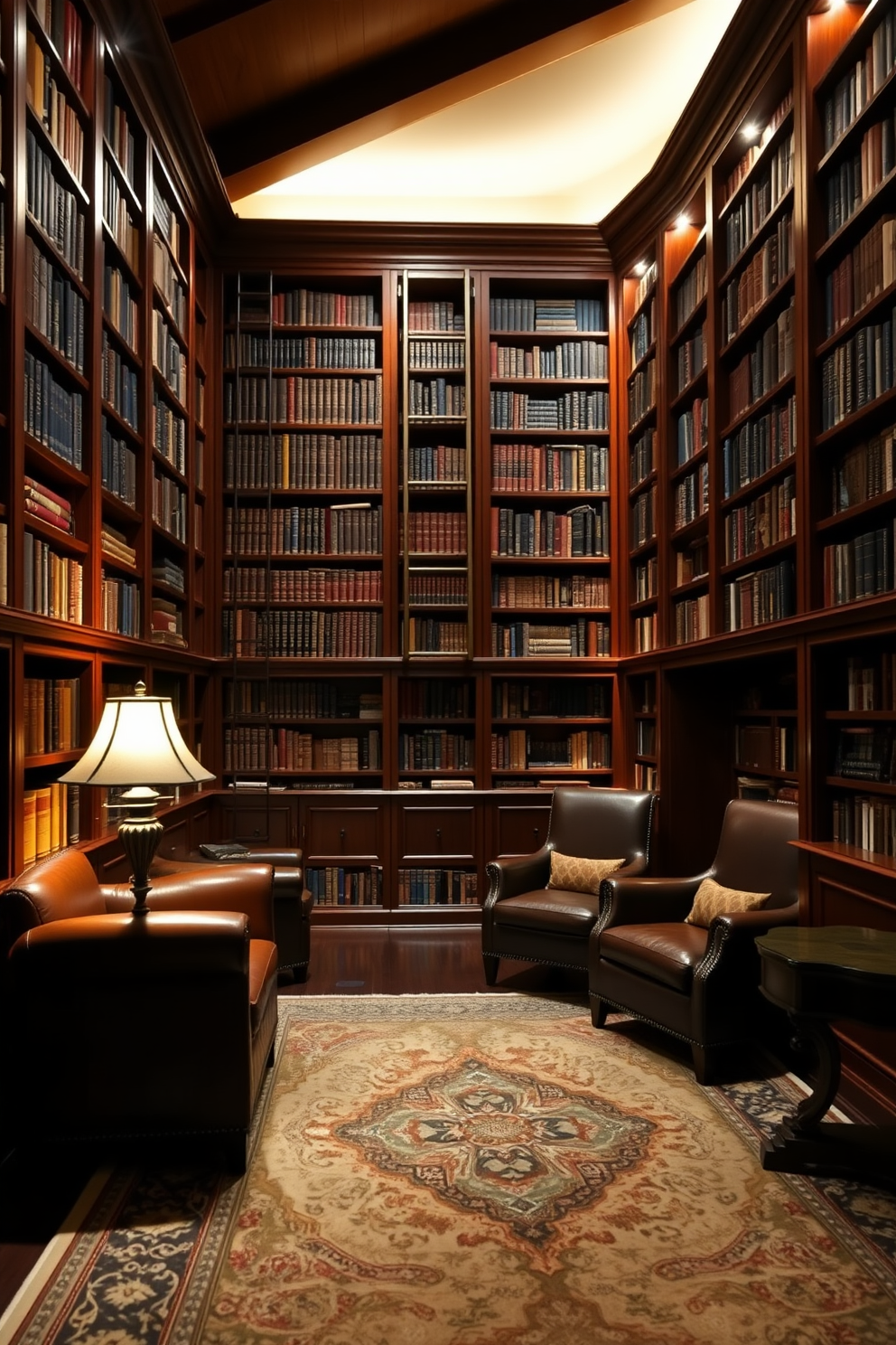 A dark and cozy home library features rich mahogany bookshelves that stretch from floor to ceiling, filled with an extensive collection of books. A hidden sliding ladder is elegantly integrated into the design, allowing easy access to the high shelves while adding a touch of sophistication. Soft, ambient lighting illuminates the space, casting a warm glow on the dark wood paneling and plush leather armchairs. A large, ornate area rug anchors the room, creating a comfortable reading nook beside a vintage-style floor lamp.