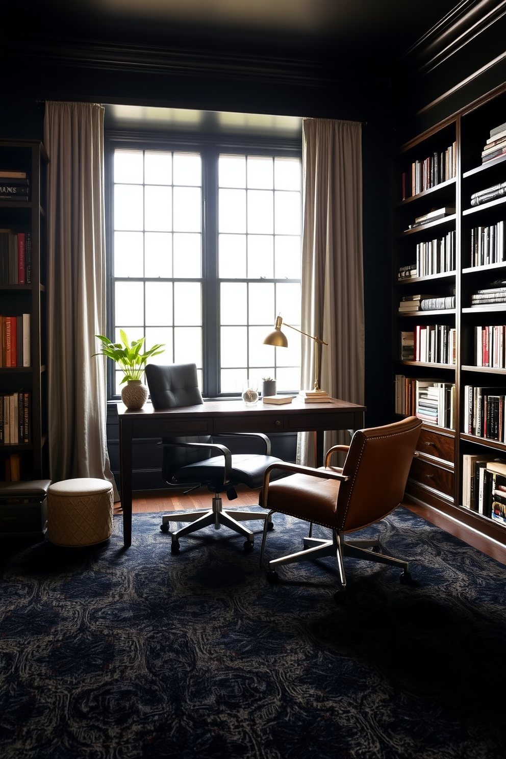 Moody black accent walls create a dramatic backdrop for a sophisticated study. The room features a sleek wooden desk paired with a plush leather chair, illuminated by a vintage brass desk lamp. Bookshelves line the walls, filled with an array of books and decorative items. A rich, dark rug anchors the space, while large windows allow soft, natural light to filter in.