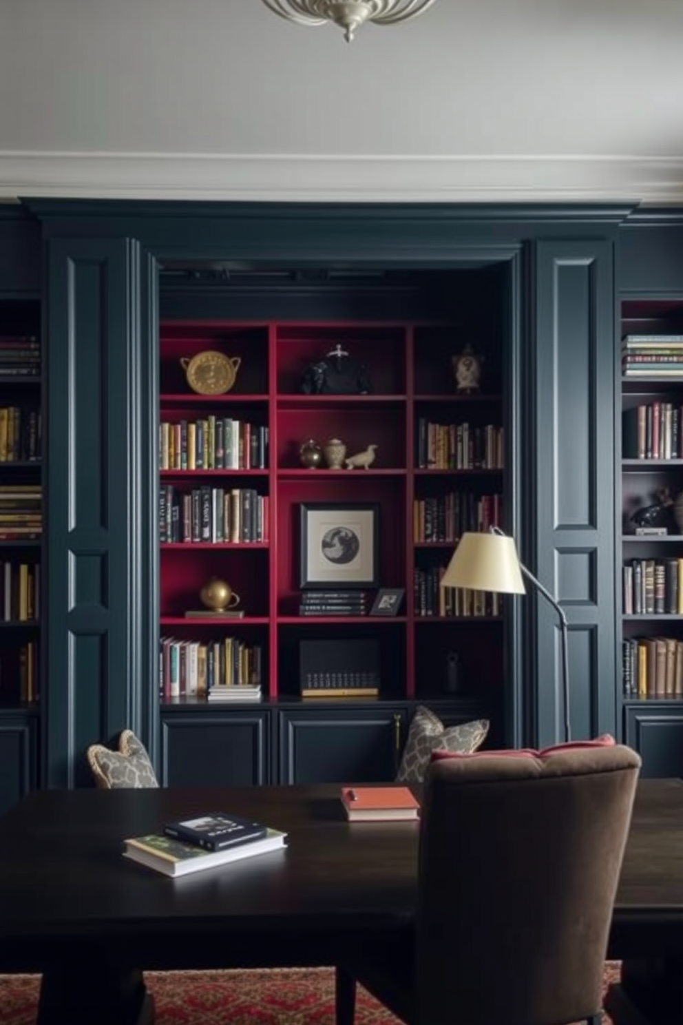 A dark study room featuring bookshelves painted in deep hues creates a cozy and inviting atmosphere. The walls are adorned with rich, dark colors, and the shelves are filled with an array of books and decorative items.