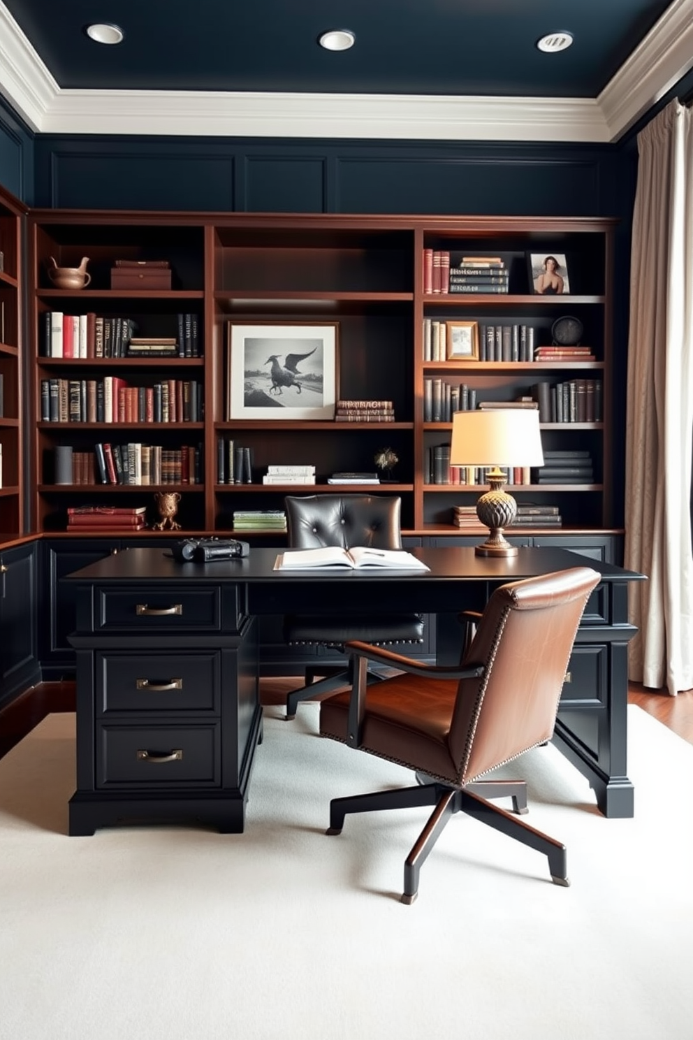 A statement desk in dark finishes takes center stage in a sophisticated study room. The walls are adorned with deep navy paint, and rich wooden shelves display an array of books and decorative items. A plush leather chair complements the desk, inviting long hours of productivity. Soft, ambient lighting from a stylish lamp casts a warm glow over the space, enhancing the room's elegance.