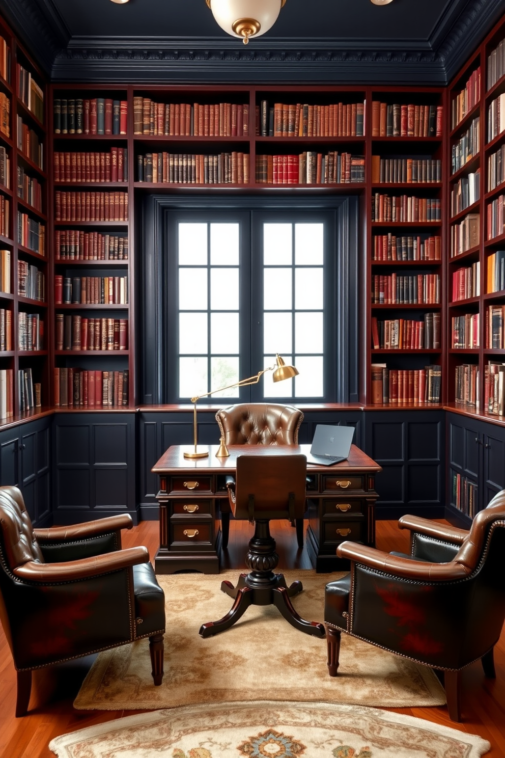 A dark study room featuring rich mahogany bookshelves lined with an extensive collection of books. The walls are painted in a deep navy blue, creating a cozy and intimate atmosphere. A large, elegant desk made of dark wood sits in the center, adorned with a vintage brass lamp and a sleek laptop. Plush leather chairs provide comfortable seating, while a soft area rug adds warmth to the hardwood floor.