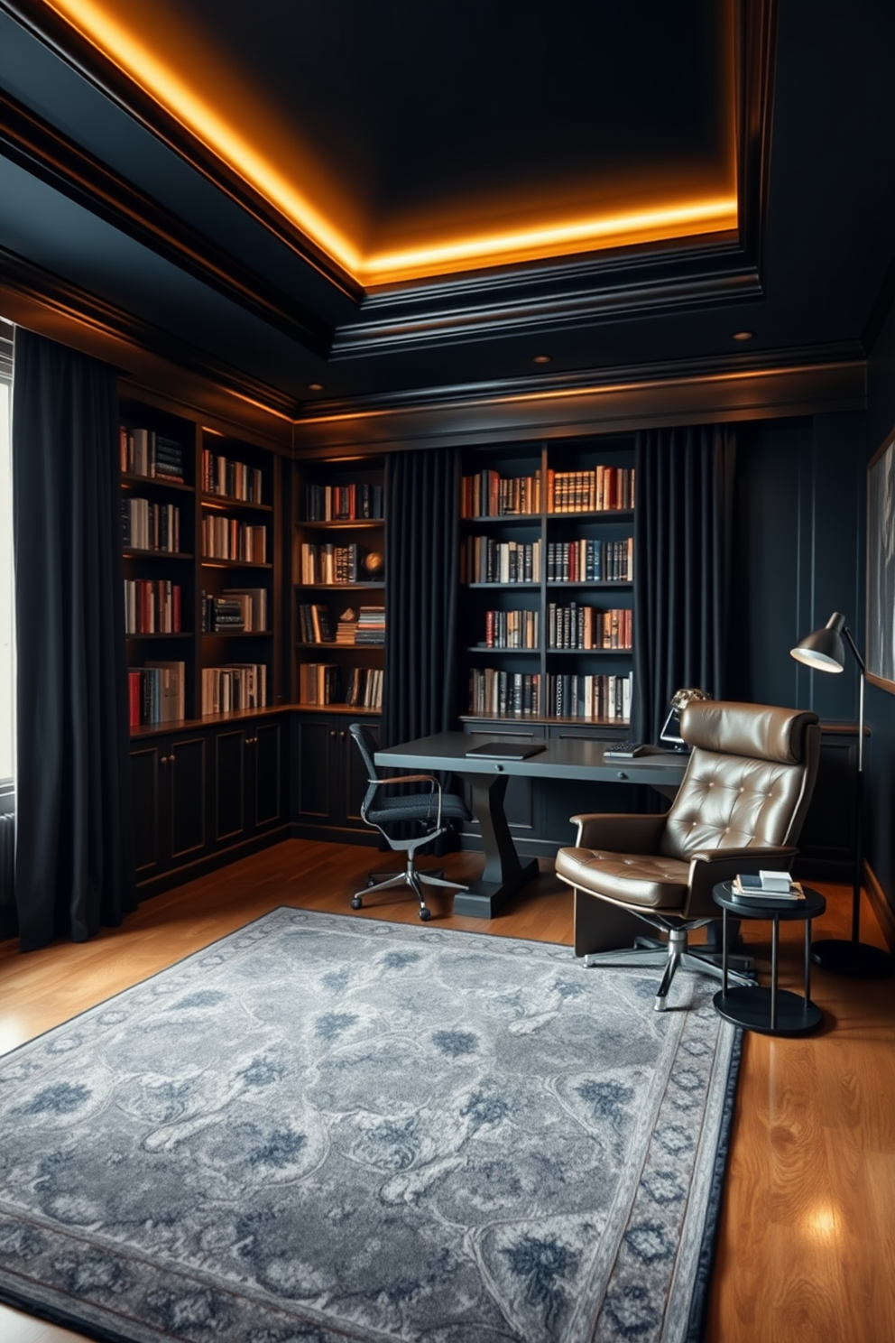 A dark area rug anchors the room, creating a defined space that enhances the cozy atmosphere. The study features deep wood shelves lined with books, complemented by a sleek desk and a comfortable leather chair. Soft, ambient lighting casts a warm glow, illuminating the rich textures of the walls painted in a deep navy hue. A large window allows natural light to filter in, framed by heavy drapes that add an element of sophistication.