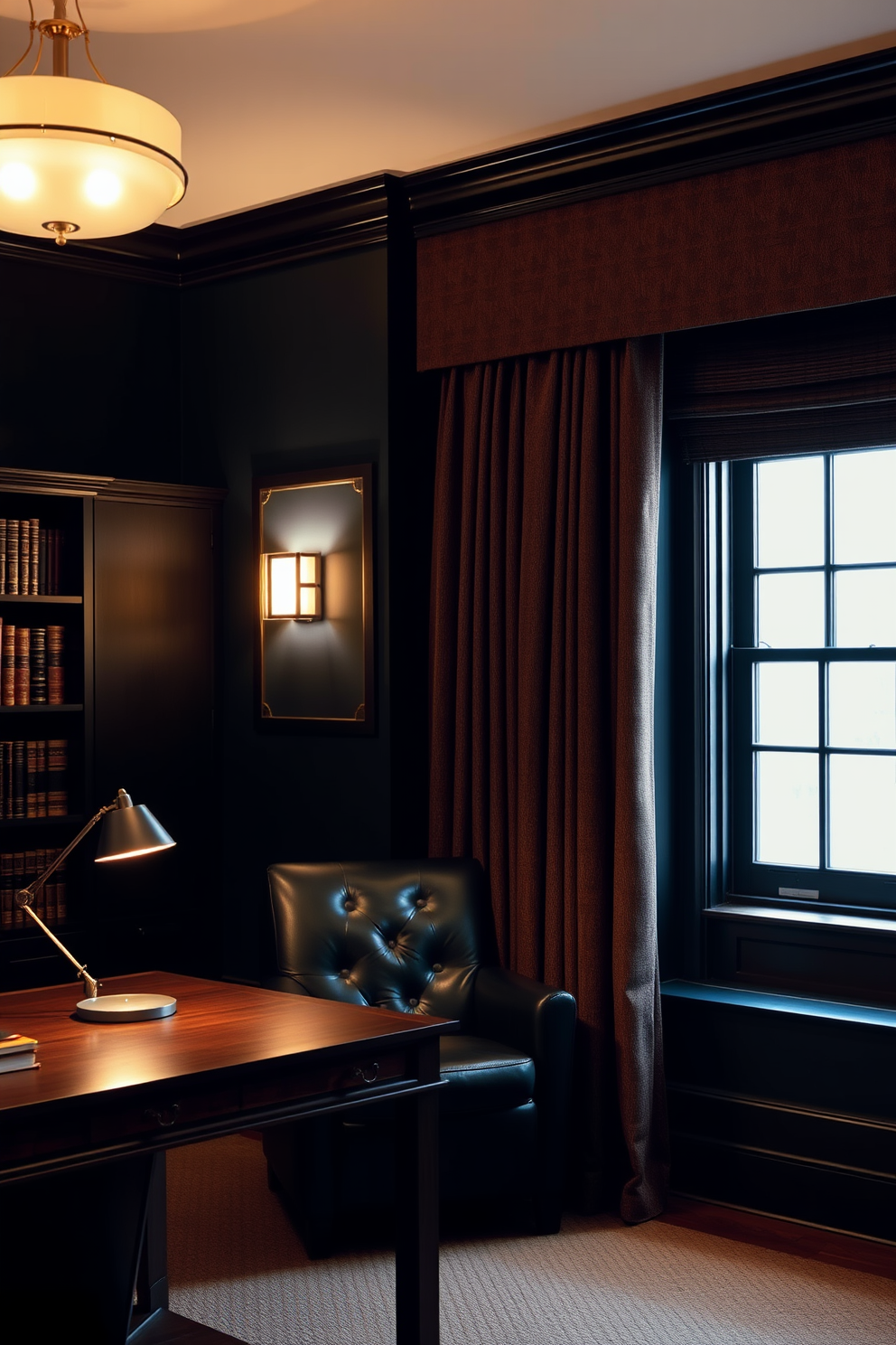 Soft lighting fixtures create an intimate atmosphere in a dark study room. The walls are painted in deep navy, and a plush, dark leather armchair sits beside a sleek wooden desk illuminated by a vintage-style lamp. Richly textured curtains frame a large window, allowing just a hint of ambient light to filter through. A dark oak bookshelf filled with leather-bound books adds warmth and sophistication to the space.