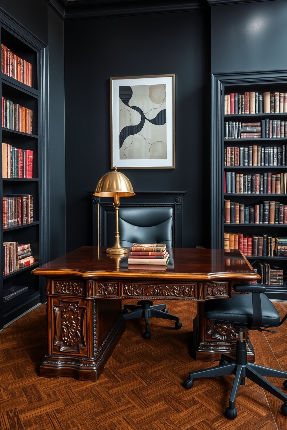 A dark study room featuring a blend of modern and vintage decor. The walls are painted in a deep charcoal color, and a large wooden desk with intricate carvings sits in the center, accompanied by a sleek ergonomic chair. On the desk, there is a vintage brass lamp illuminating a stack of leather-bound books. A modern abstract art piece hangs above the desk, contrasting with the antique bookshelf filled with classic literature.