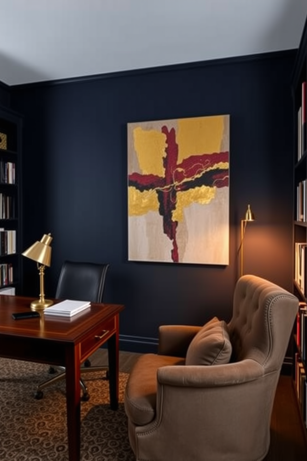 A dark study room featuring personalized wall art that reflects the owner's interests and personality. The walls are painted in deep navy blue, with a large canvas depicting an abstract design in rich gold and burgundy tones. The room includes a sleek wooden desk with a vintage brass lamp casting a warm glow. A plush armchair is positioned in the corner, surrounded by bookshelves filled with a curated collection of literature and decorative items.