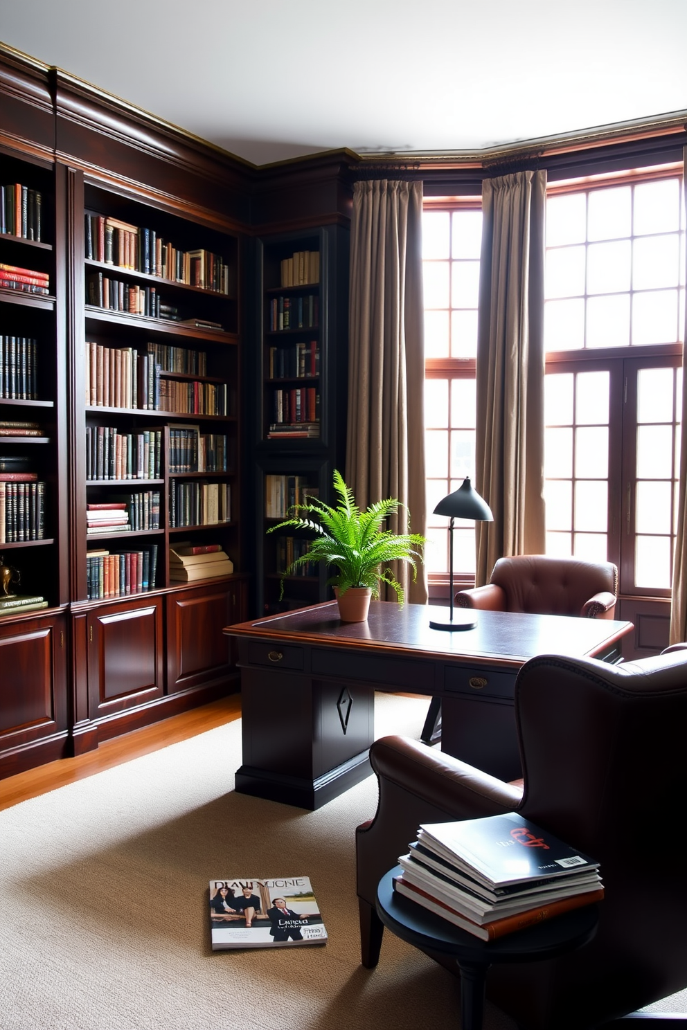 A dark study room with deep navy blue walls and rich mahogany bookshelves filled with books. A large wooden desk sits in the center, adorned with a sleek black lamp and a potted fern for a fresh touch. In one corner, a comfortable leather armchair invites relaxation, paired with a small side table holding a stack of design magazines. Large windows are covered with heavy drapes, allowing for soft, filtered light to enhance the cozy atmosphere.