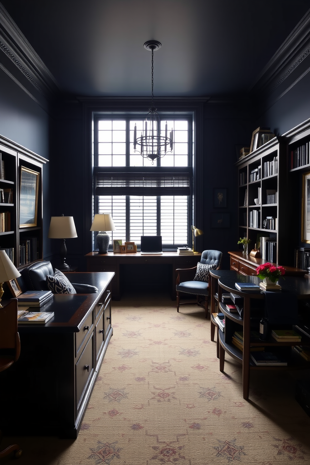 A dark study room featuring rich dark wood furniture that adds warmth and sophistication. The walls are adorned with deep navy paint, creating a cozy and inviting atmosphere.