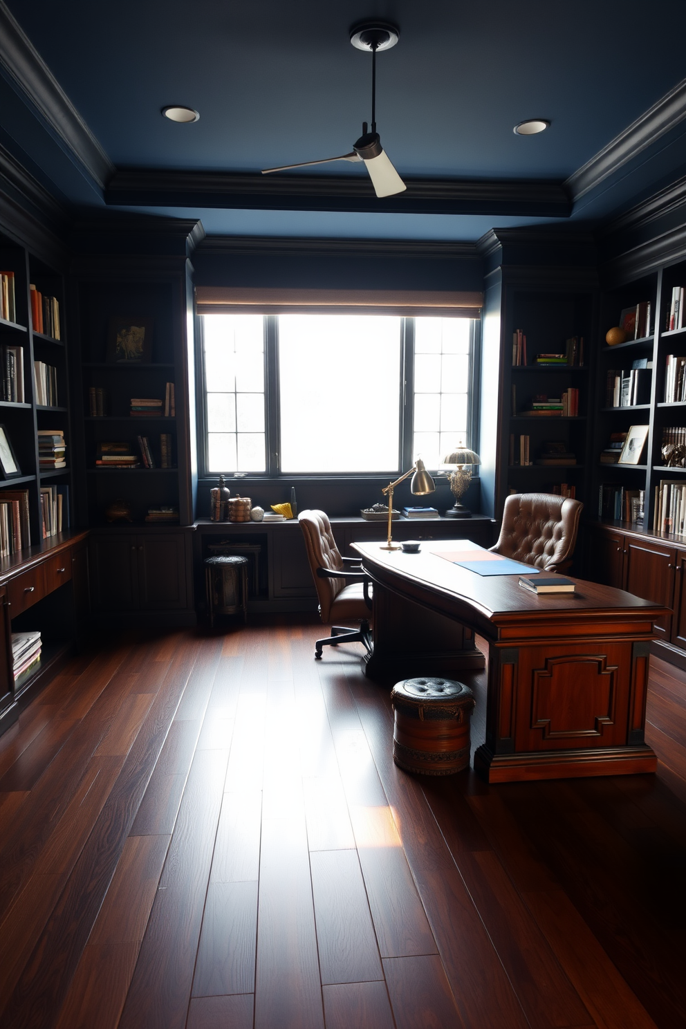 A dark study room featuring rich dark wood flooring that adds warmth and grounding to the space. The walls are painted in a deep navy blue, and a large wooden desk sits against one wall, complemented by a plush leather chair. Bookshelves line the opposite wall, filled with an array of books and decorative items. A stylish table lamp casts a warm glow over the desk, while a large window allows natural light to filter in, enhancing the cozy atmosphere.