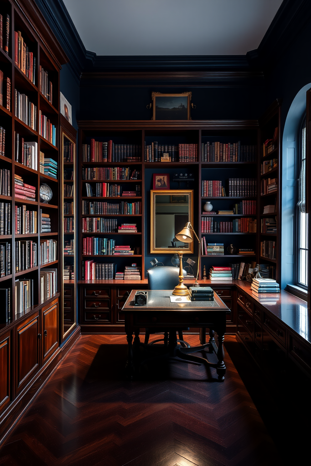 A dark study room featuring rich mahogany bookshelves that stretch from floor to ceiling, filled with an array of books and decorative items. A large, antique wooden desk sits in the center, with a vintage brass lamp casting a warm glow over the workspace. The walls are painted in a deep navy blue, creating an intimate atmosphere that encourages focus and creativity. Strategically placed mirrors reflect the soft light from the desk lamp, enhancing the room's brightness and adding depth to the space.