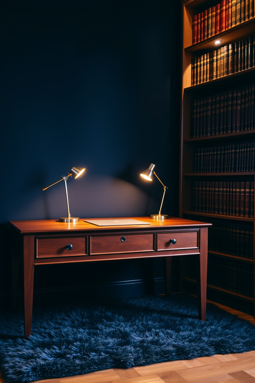 A dark study room featuring a rich mahogany desk positioned against a deep navy wall. On the desk, two stylish desk lamps provide focused lighting, each with a sleek, modern design and warm yellow bulbs. The floor is adorned with a plush, dark gray area rug that adds comfort to the space. A tall bookshelf filled with leather-bound books stands to the right, illuminated by the soft glow of the desk lamps.