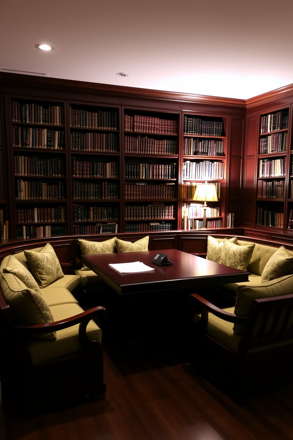 Cushioned seating arranged around a large wooden desk provides comfort during long work hours. The dark study room features rich mahogany bookshelves filled with books, and soft ambient lighting creates a cozy atmosphere.