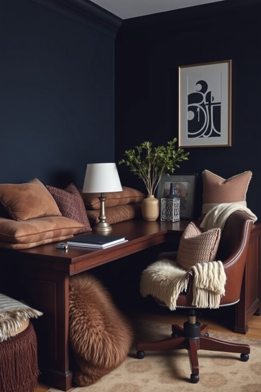 A dark study room featuring layered textures with plush pillows and cozy throws. The walls are painted in a deep navy blue, and a rich wooden desk sits against one wall, complemented by a comfortable leather chair.