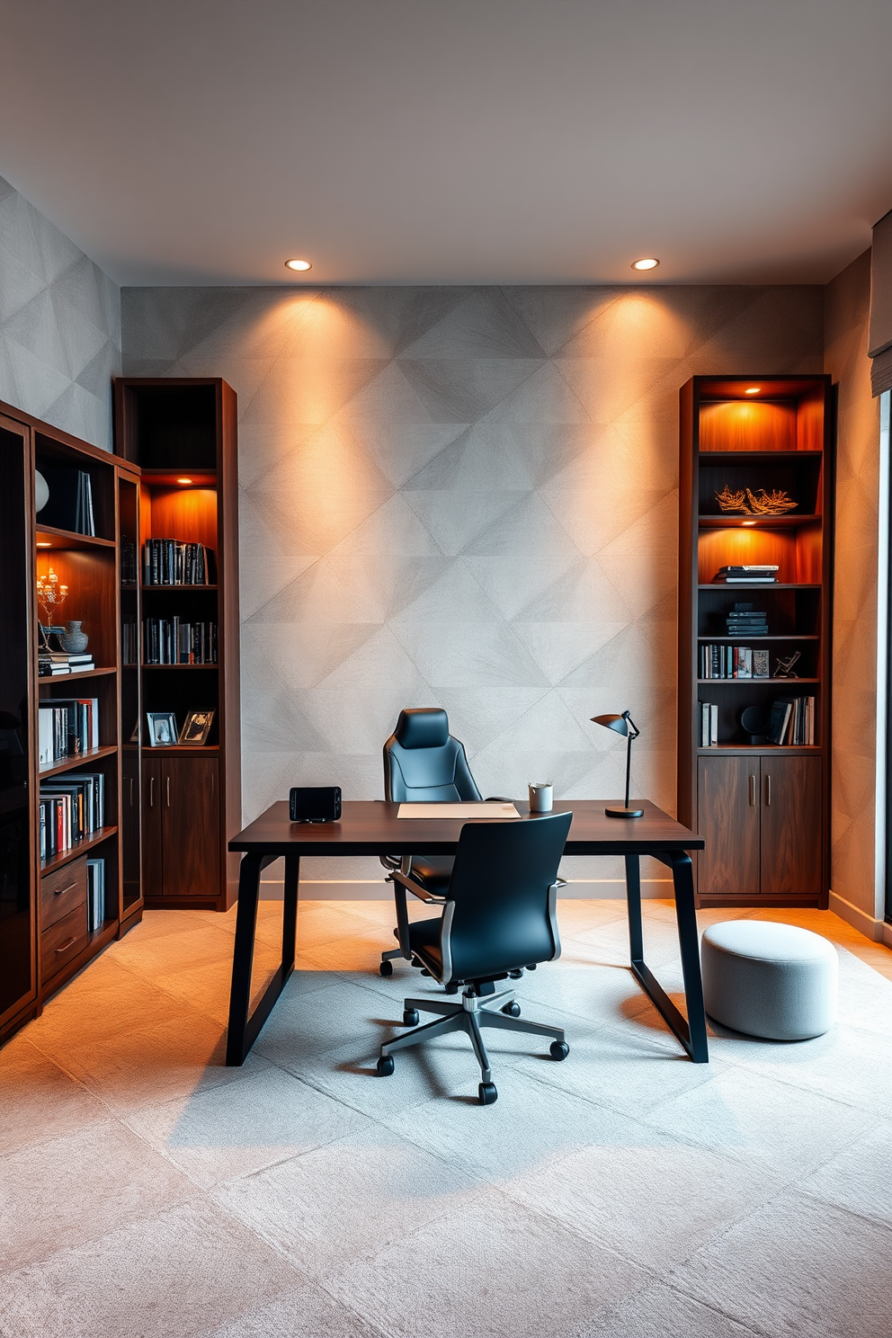 A contemporary study room featuring geometric patterns on the walls and furniture. The space is illuminated by warm lighting that highlights the sharp angles and modern design elements. Dark wood bookshelves line one wall, filled with books and decorative objects. A sleek black desk sits in the center, accompanied by a stylish ergonomic chair, creating a perfect workspace.