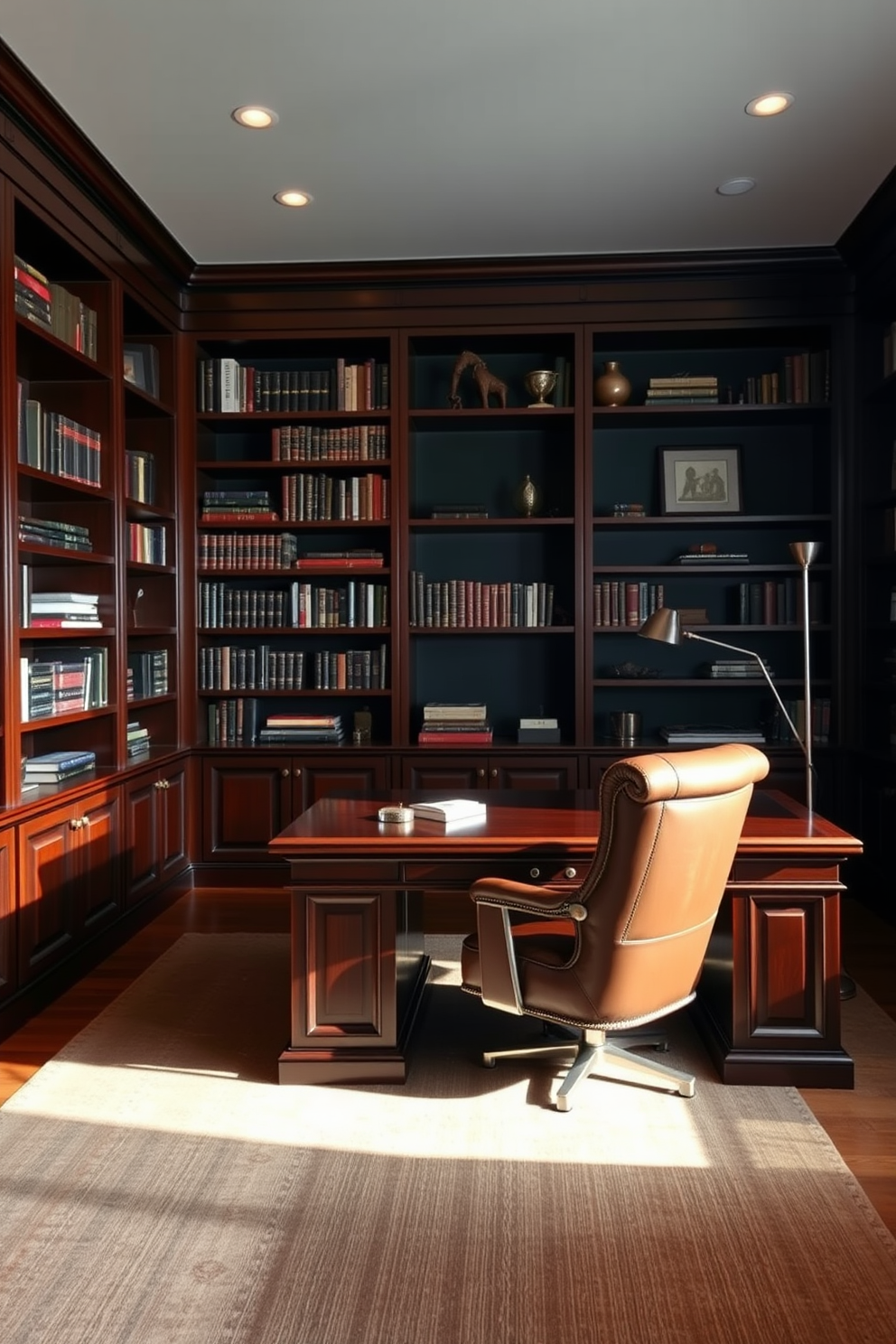 A dark study room with rich mahogany bookshelves lining the walls, filled with an array of books and decorative objects. A large, elegant desk made of dark wood sits in the center, complemented by a plush leather chair featuring metallic accents. Soft, ambient lighting casts a warm glow over the space, with a modern metallic floor lamp positioned next to the desk. A deep green accent wall adds depth, while a stylish rug with subtle metallic threads anchors the room.