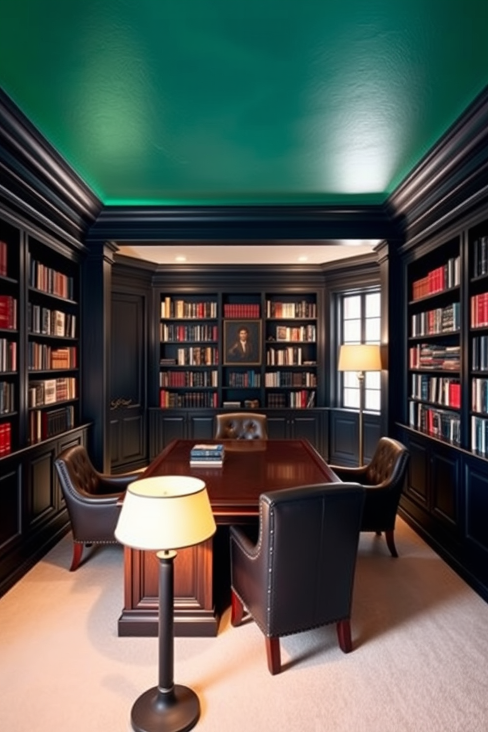 A dark study room with bold ceiling color creates a dramatic atmosphere. The walls are painted in a deep navy blue, while the ceiling features a rich emerald green that draws the eye upward. A large wooden desk sits in the center, surrounded by plush leather chairs. Shelves filled with books line the walls, and a stylish floor lamp provides warm lighting for a cozy reading nook.