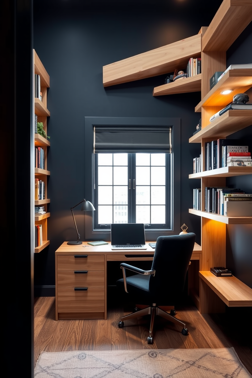 Floating shelves for modern storage. The shelves are made of light wood and are arranged asymmetrically on the wall, displaying a mix of books and decorative objects. Dark study room design ideas. The room features deep navy walls with a large wooden desk positioned in front of a window, complemented by a plush black chair and warm ambient lighting.