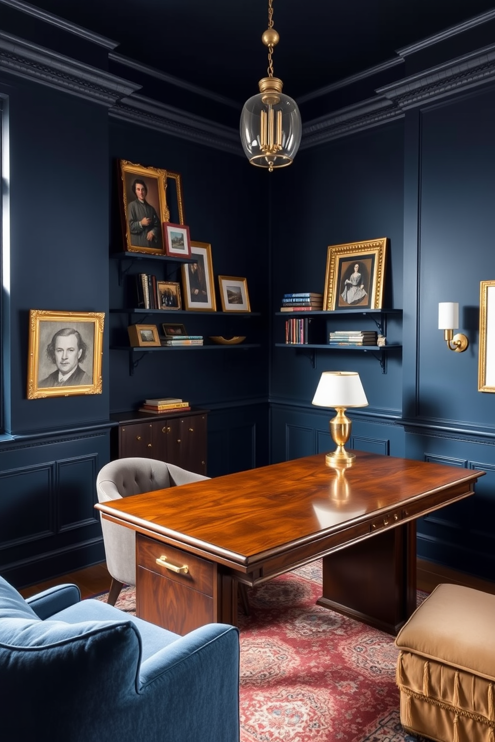 A dark study room with deep blue walls that create a rich and inviting atmosphere. Gold accents are incorporated through decorative elements like picture frames, a stylish desk lamp, and shelving brackets, adding a touch of elegance to the space. The room features a large wooden desk with a polished finish, positioned against the wall. Plush seating in a complementary color provides comfort, while a vintage rug adds warmth underfoot.