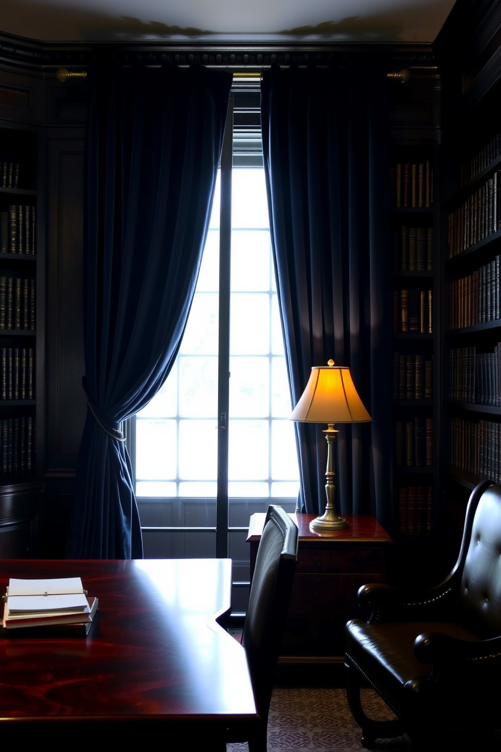 Elegant velvet curtains drape gracefully from a polished rod, adding a touch of luxury to the dark study room. The deep, rich color of the curtains complements the dark wood furniture and creates an inviting atmosphere for reading and reflection. A large mahogany desk sits prominently against one wall, adorned with a vintage brass lamp that casts a warm glow. The walls are lined with dark bookshelves filled with leather-bound volumes, enhancing the sophisticated ambiance of the space.