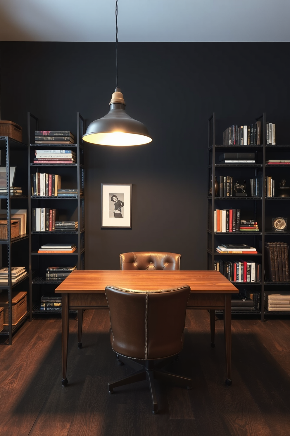 A dark study room featuring industrial style elements. The room is anchored by metal shelves that showcase books and decorative items against a deep charcoal wall. A large wooden desk sits in the center, accompanied by a vintage leather chair. Soft warm lighting from a stylish pendant lamp casts a cozy glow, enhancing the room's inviting atmosphere.