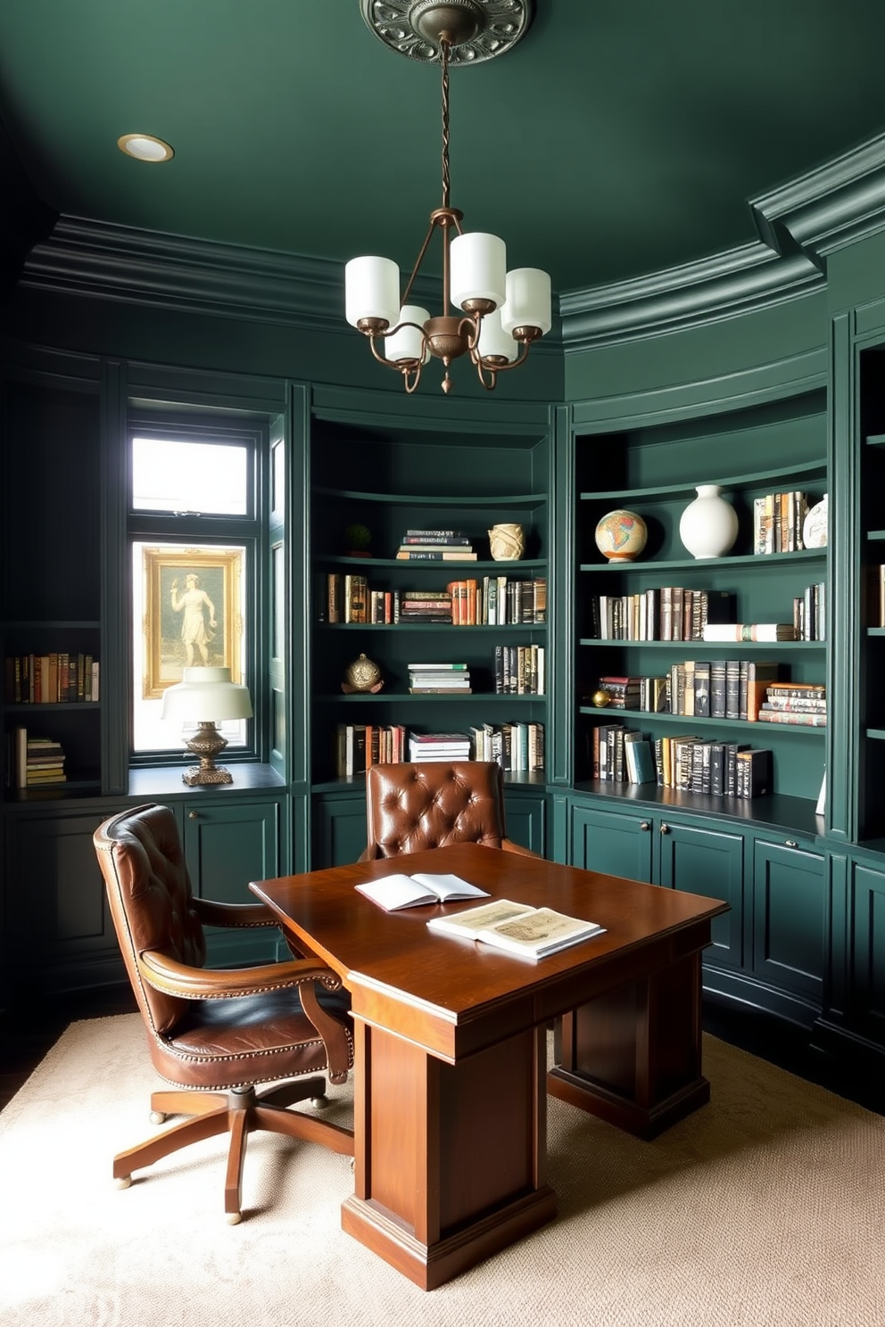 A dark study room featuring deep green walls that create a calming and serene atmosphere. The room is furnished with a large wooden desk, a comfortable leather chair, and built-in bookshelves filled with books and decorative items.